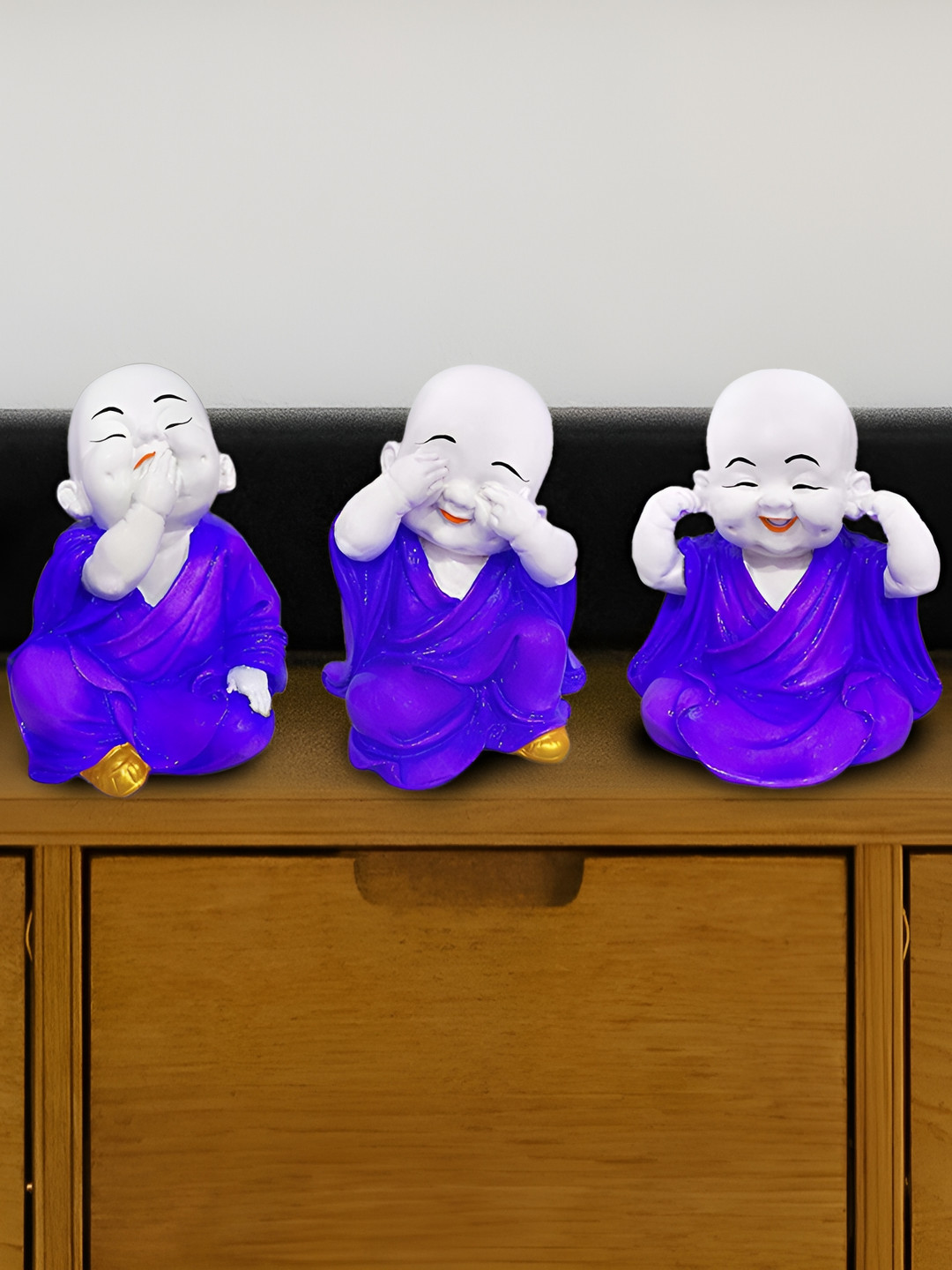 GW CREATIONS Baby Buddha Monk Blue Polyresin Glossy Living Room Set of 3 Small Showpieces - 2.4 Inches