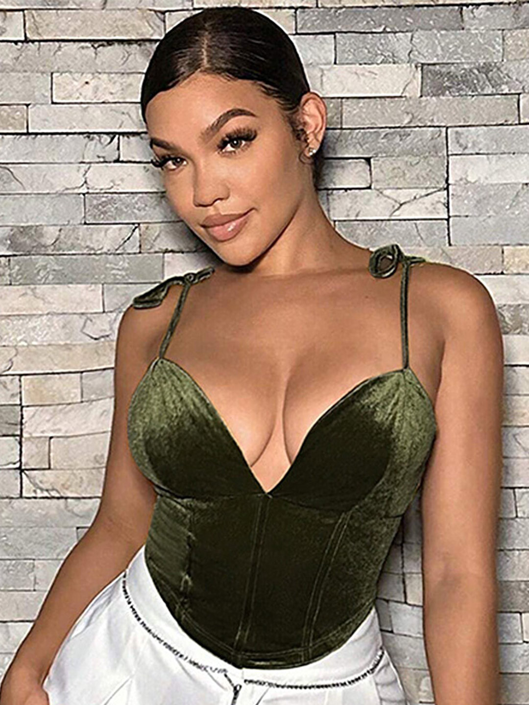 LULU & SKY Shoulder Straps Velvet Corset Fitted Top