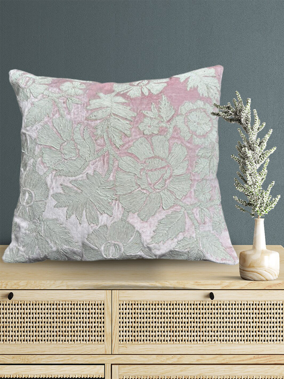 SHADES of LIFE Pink Floral Cotton 2 Piece Embroidered Square Cushion Covers -16x16In