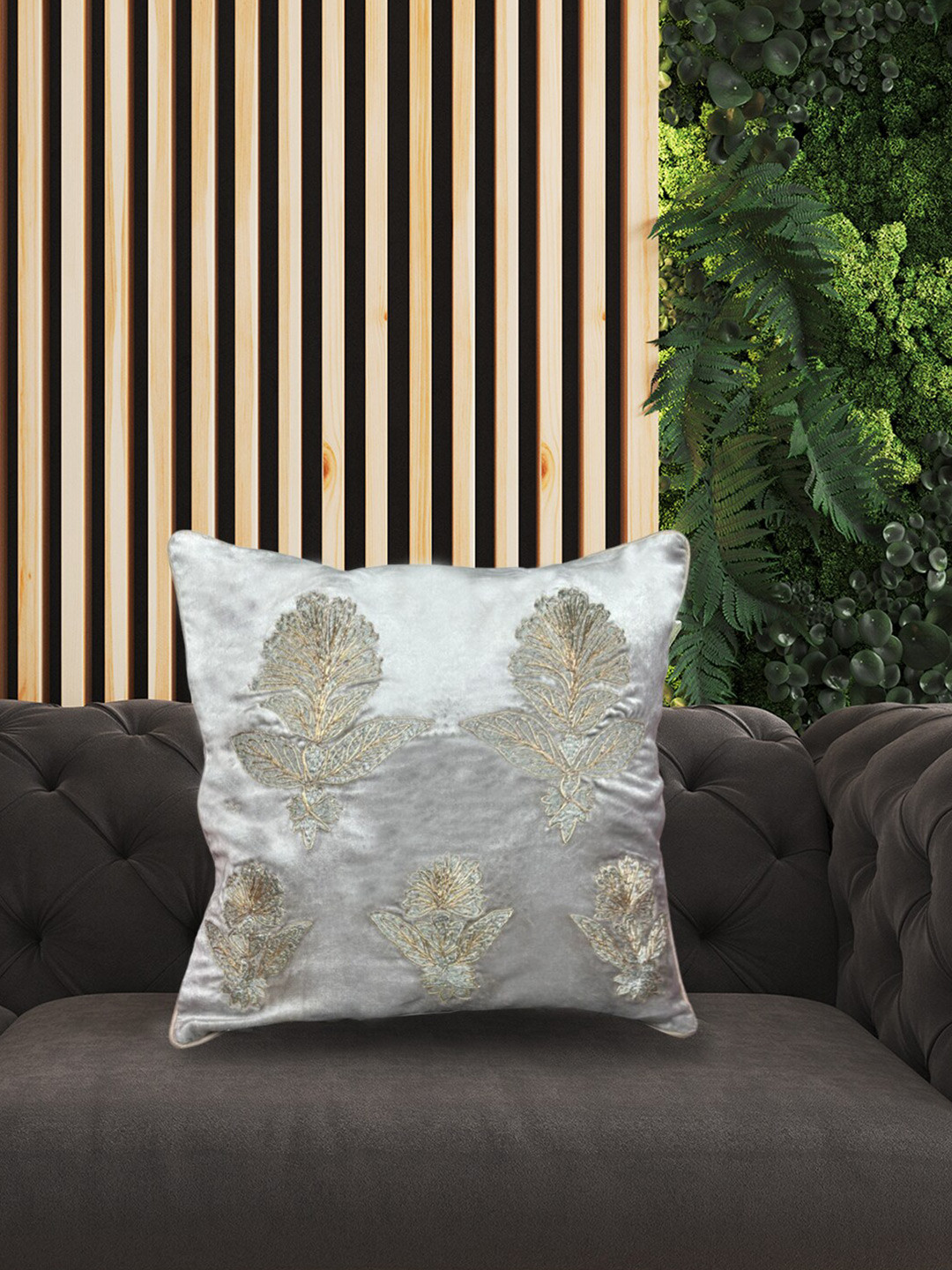 SHADES of LIFE Grey & Gold Toned 2 Pieces Floral Square Cushion Covers
