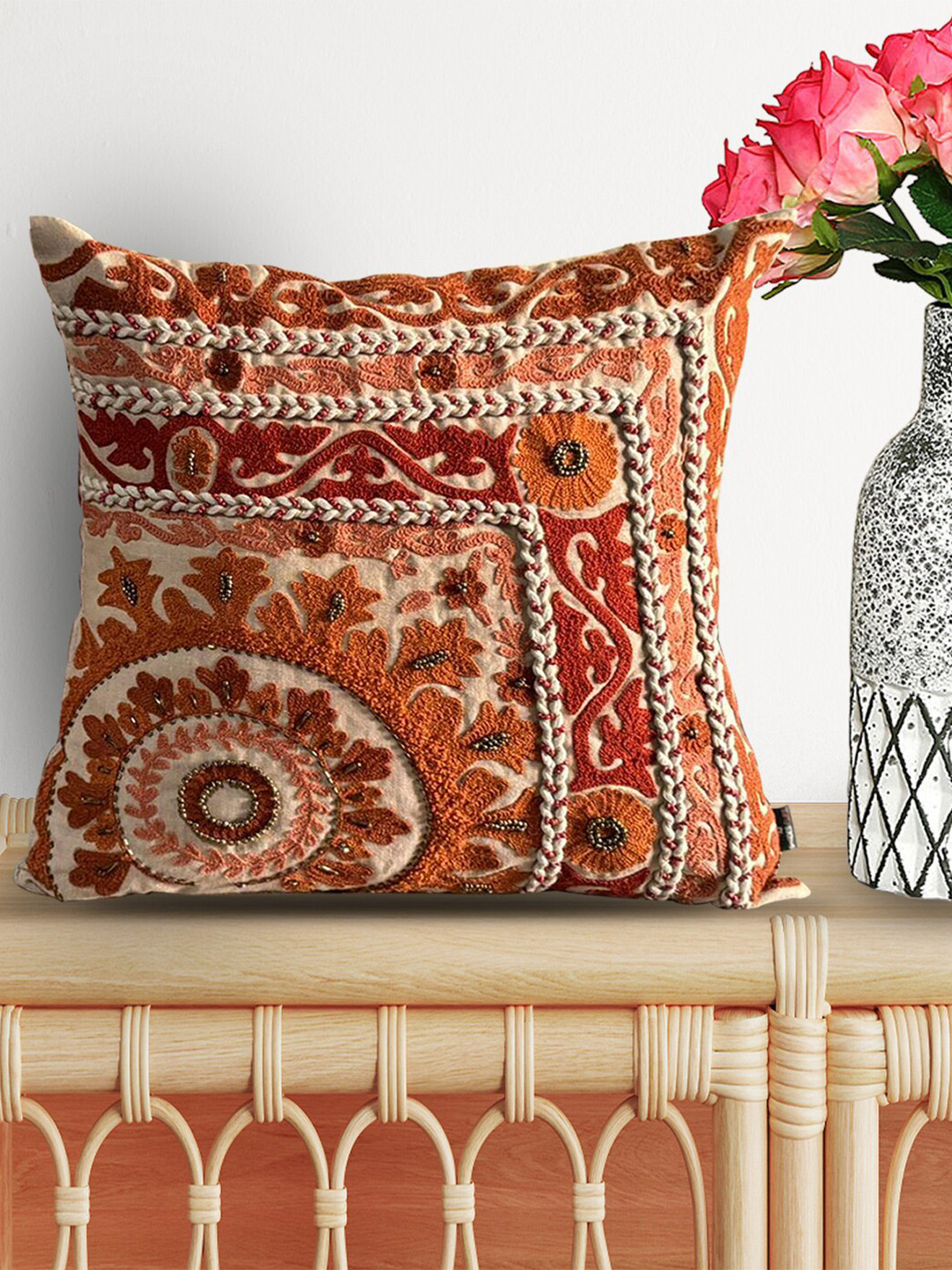 SHADES of LIFE Brown & Rust 2 Pieces Embellished Square Cushion Covers