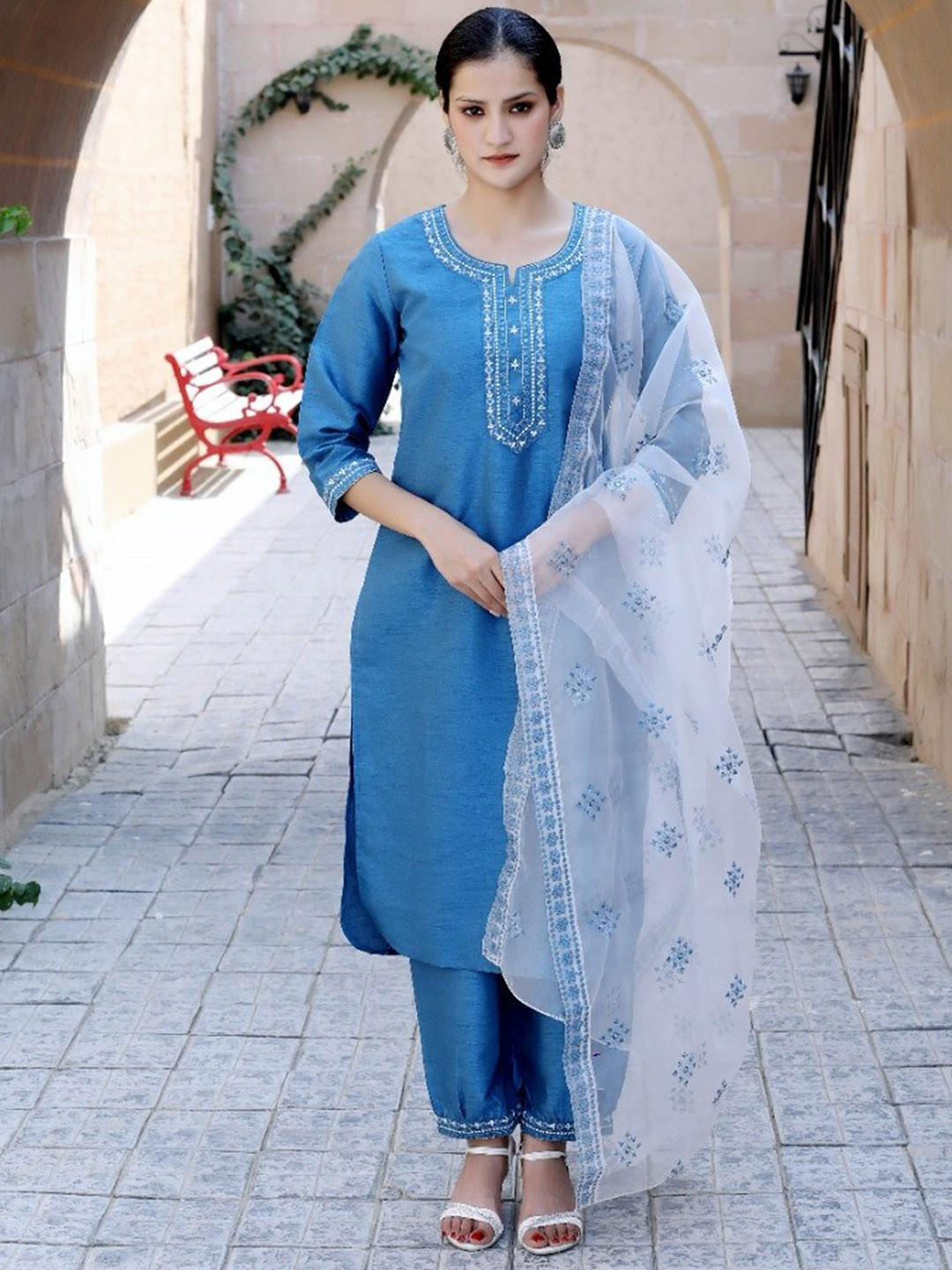 Ramas Floral Embroidered Sequined Kurta With Trouser & Dupatta