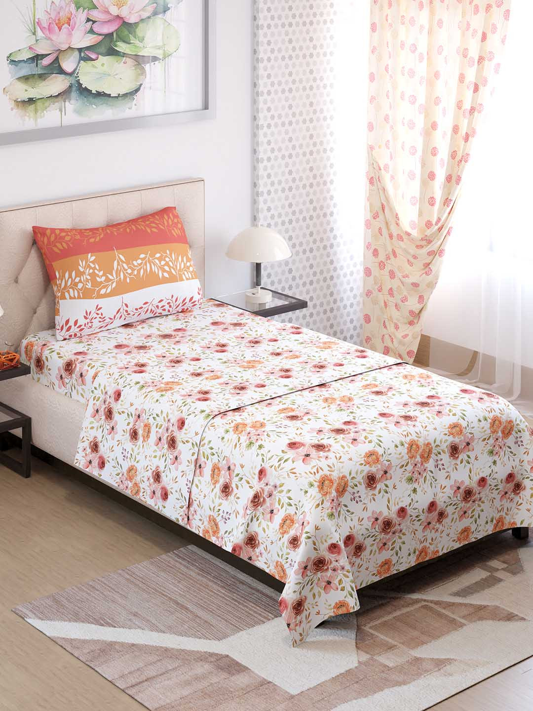 Color Sense Ivy Orange Floral Printed Single Bedsheet with 1 Pillow Cover