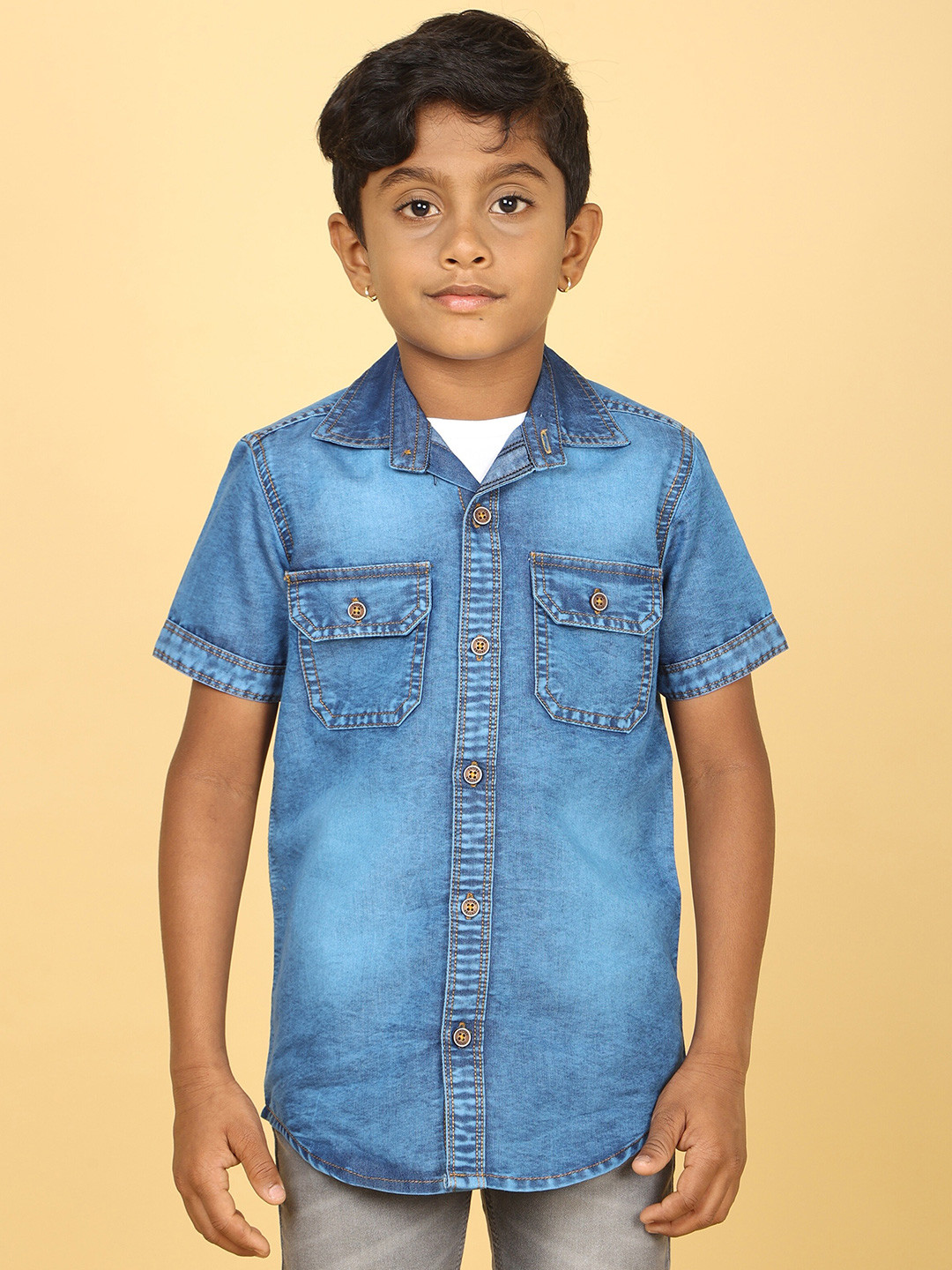 CAZZBA Boys Spread Collar Washed Casual Denim Shirt