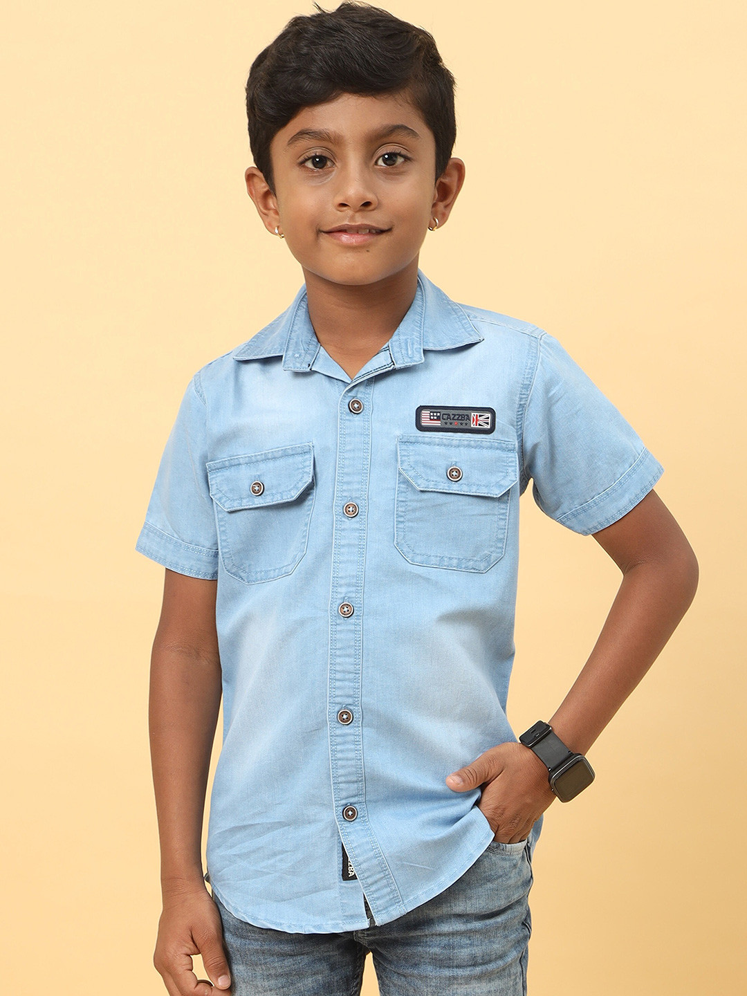 CAZZBA Boys Spread Collar Washed Casual Denim Shirt