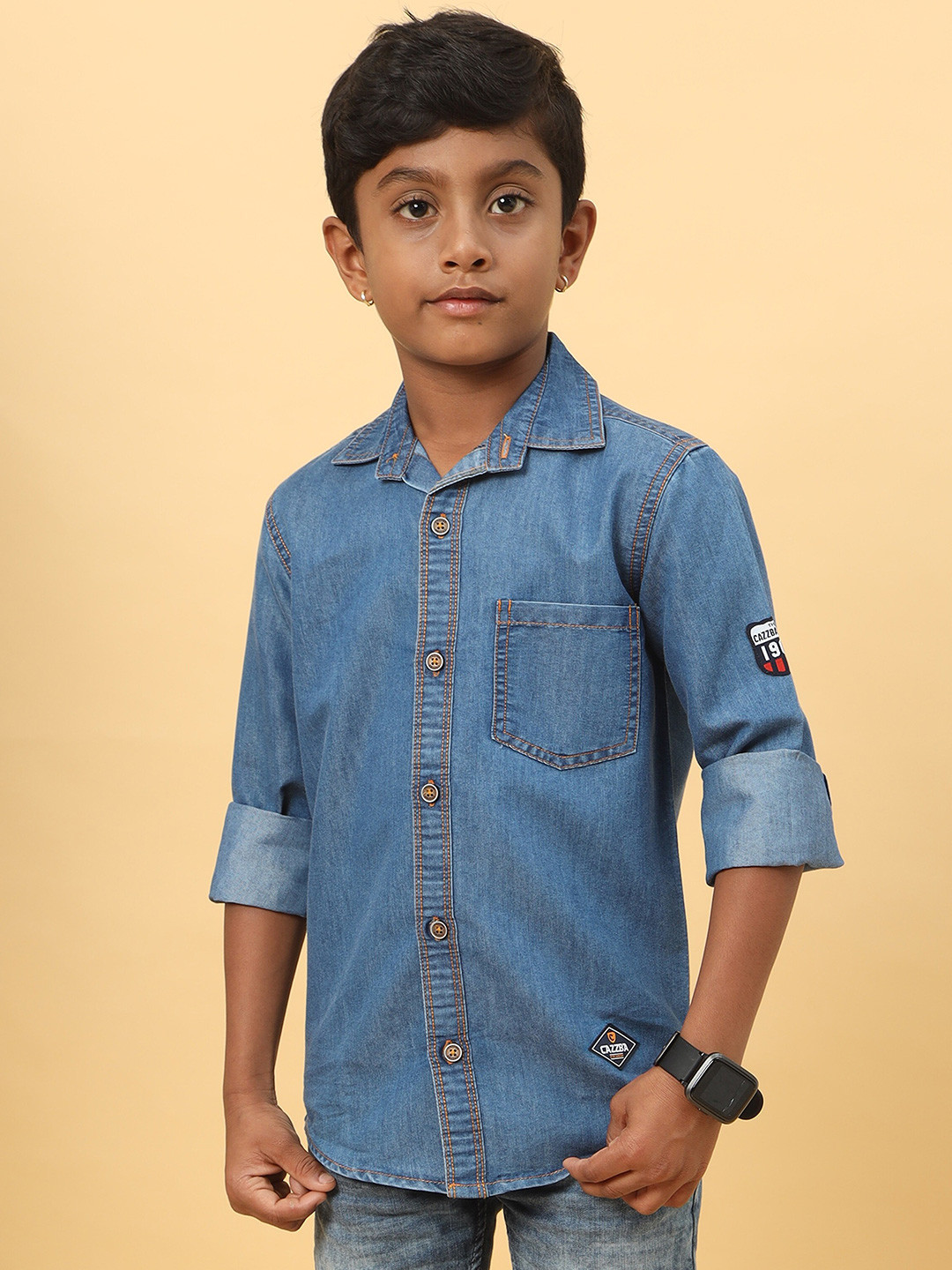 CAZZBA Boys Spread Collar Washed Casual Denim Shirt