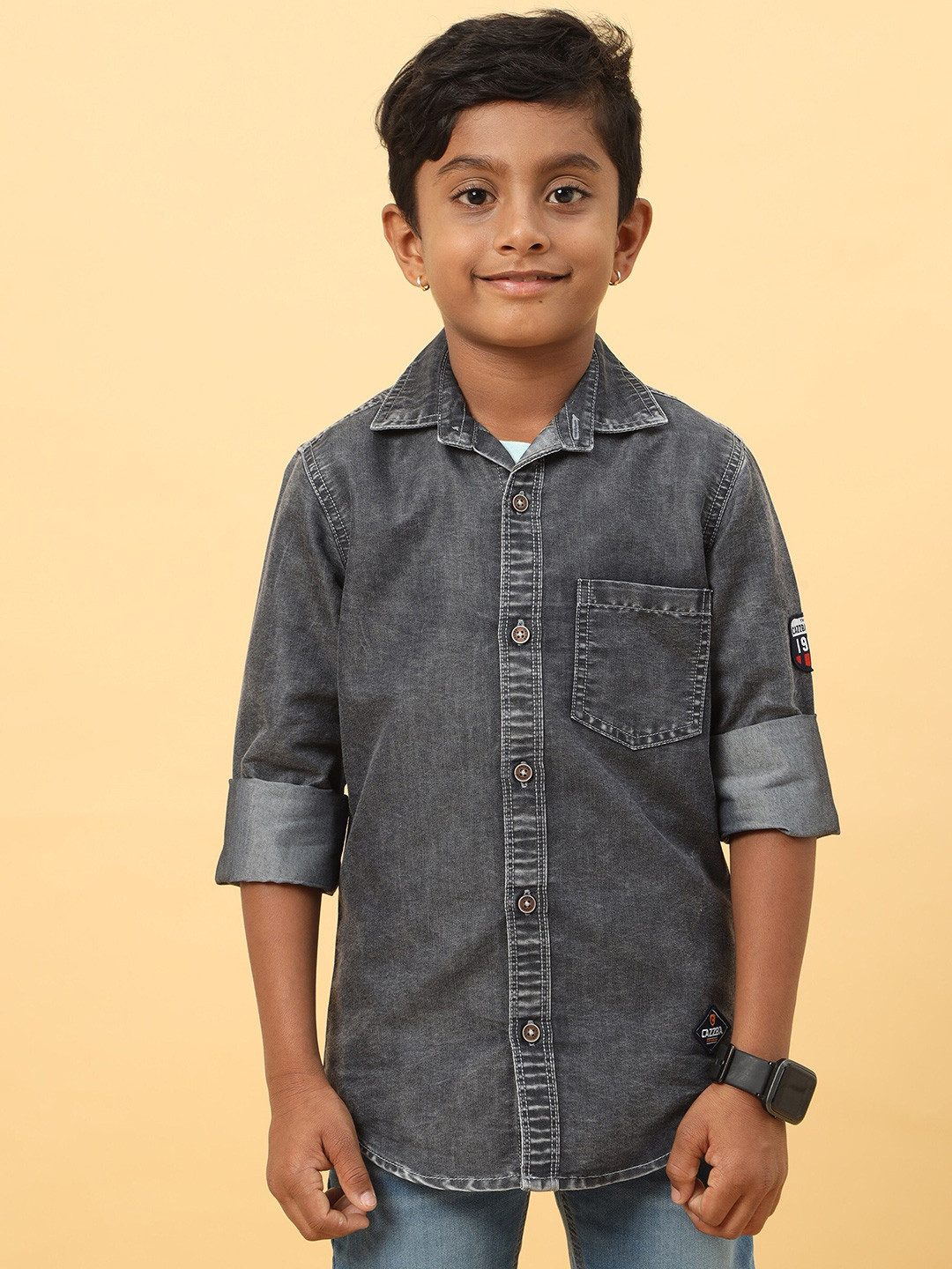 CAZZBA Boys Spread Collar Washed Casual Denim Shirt
