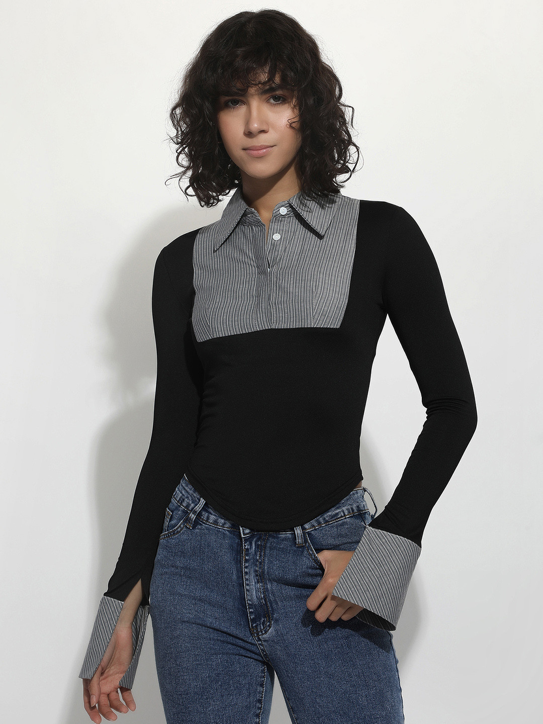 LULU & SKY Contrast Stripe Polo Neck Long Sleeves Top