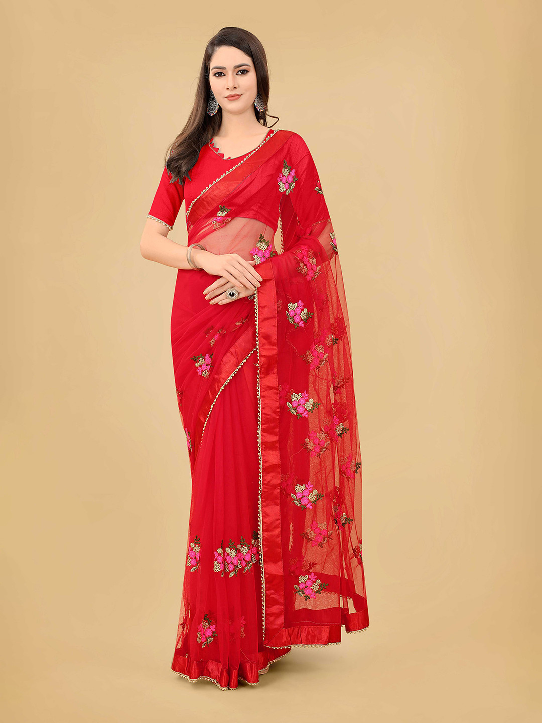 poshvariety Floral Embroidered Art Silk Net Saree
