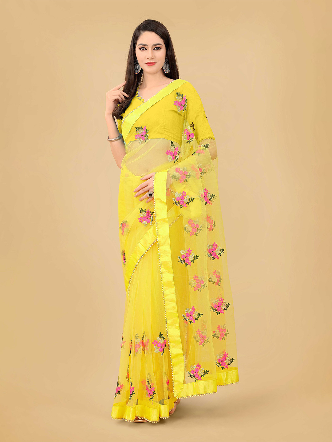 poshvariety Floral Embroidered Net Saree
