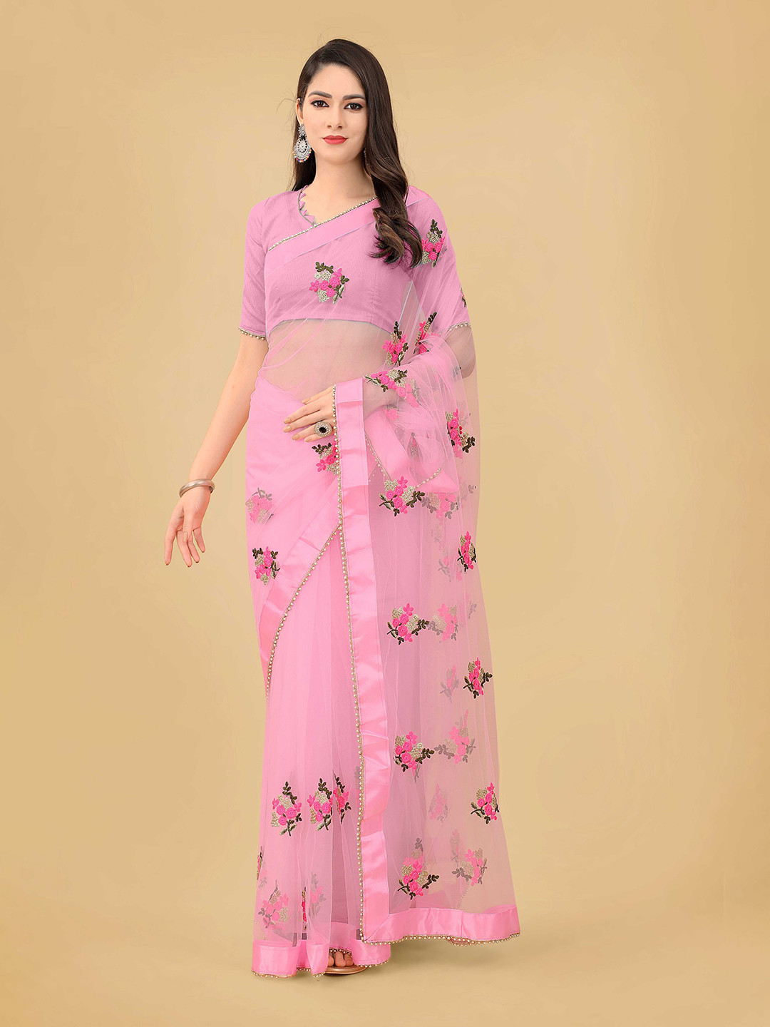 poshvariety Floral Embroidered Art Silk Net Saree