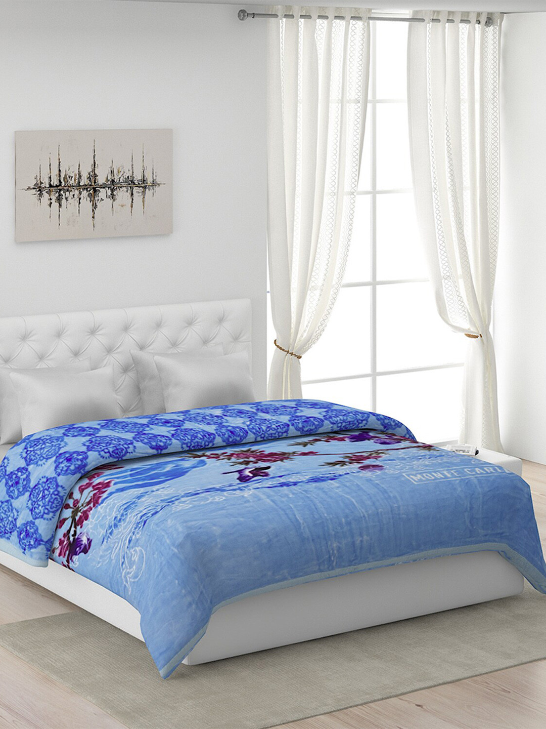 Monte Carlo Blue Floral 1000 GSM Heavy Winter Double Bed Blanket