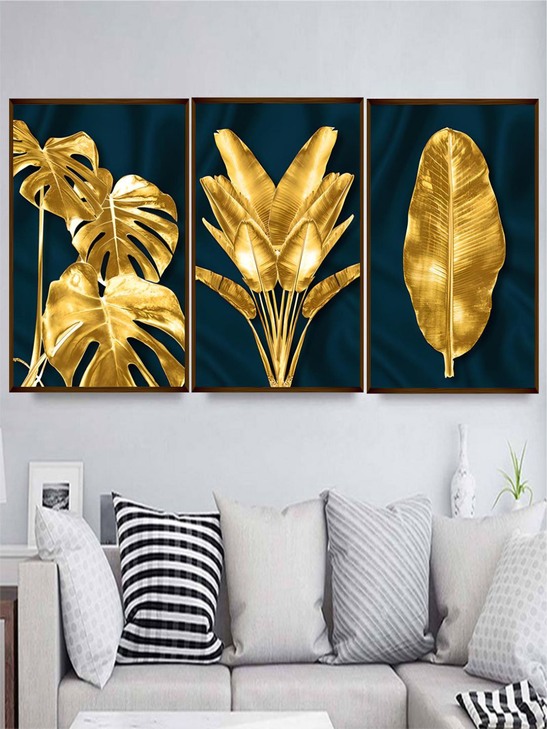 The Art House Teal Blue & Gold Toned 3 Pieces Tropical Canvas Painting Wall Art