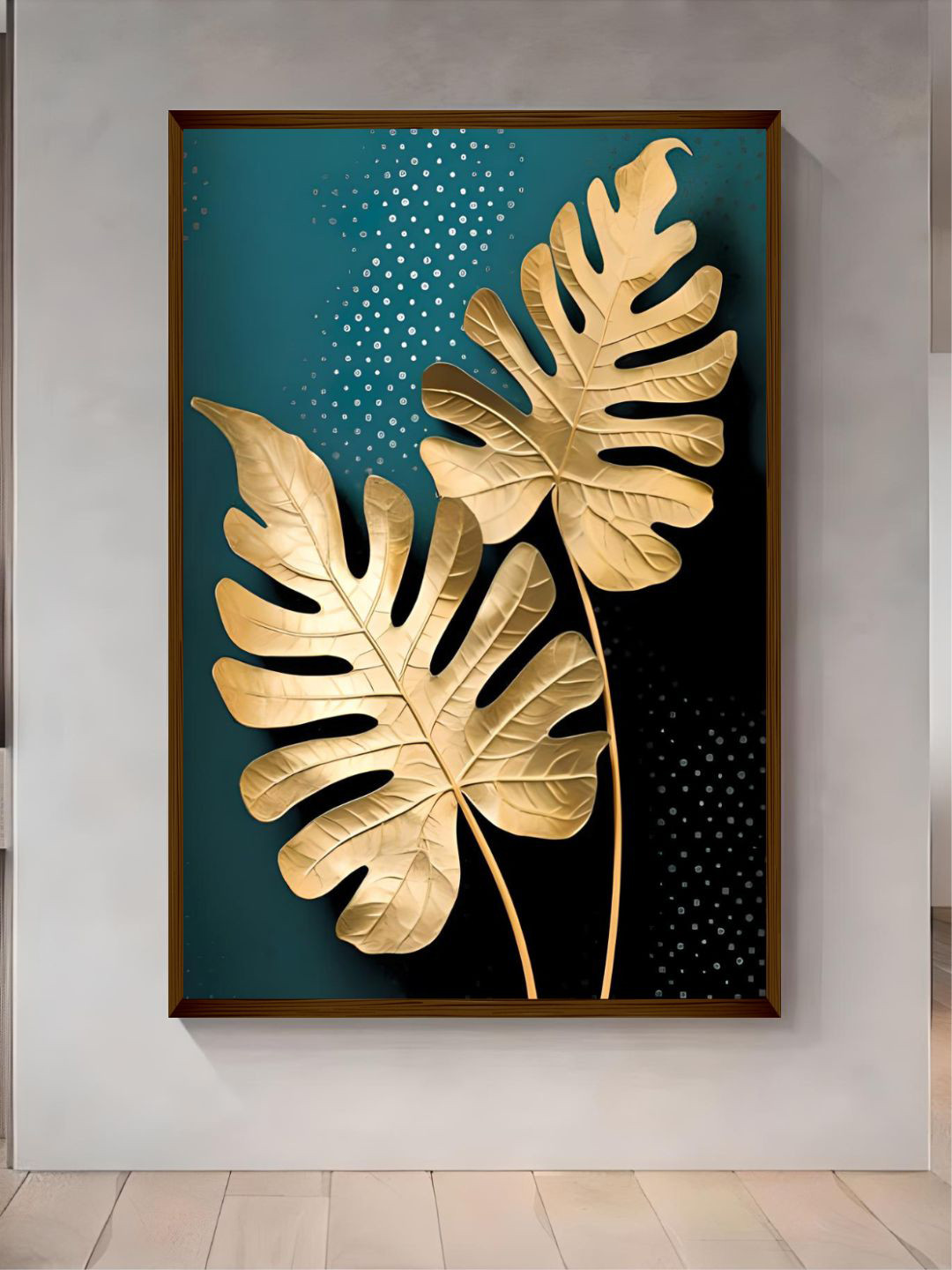 The Art House Blue & Beige Canvas Leaves Framed Painting Wall Art