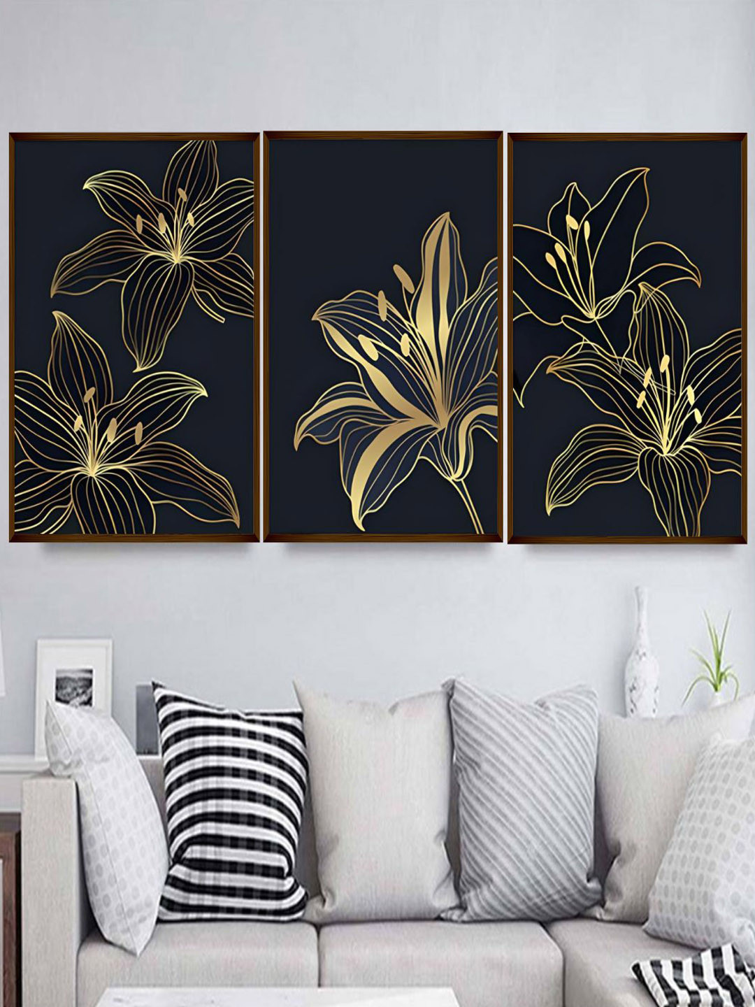 The Art House Navy Blue & Gold Toned Floral Wooden Framed Canvas Painting Wall Art