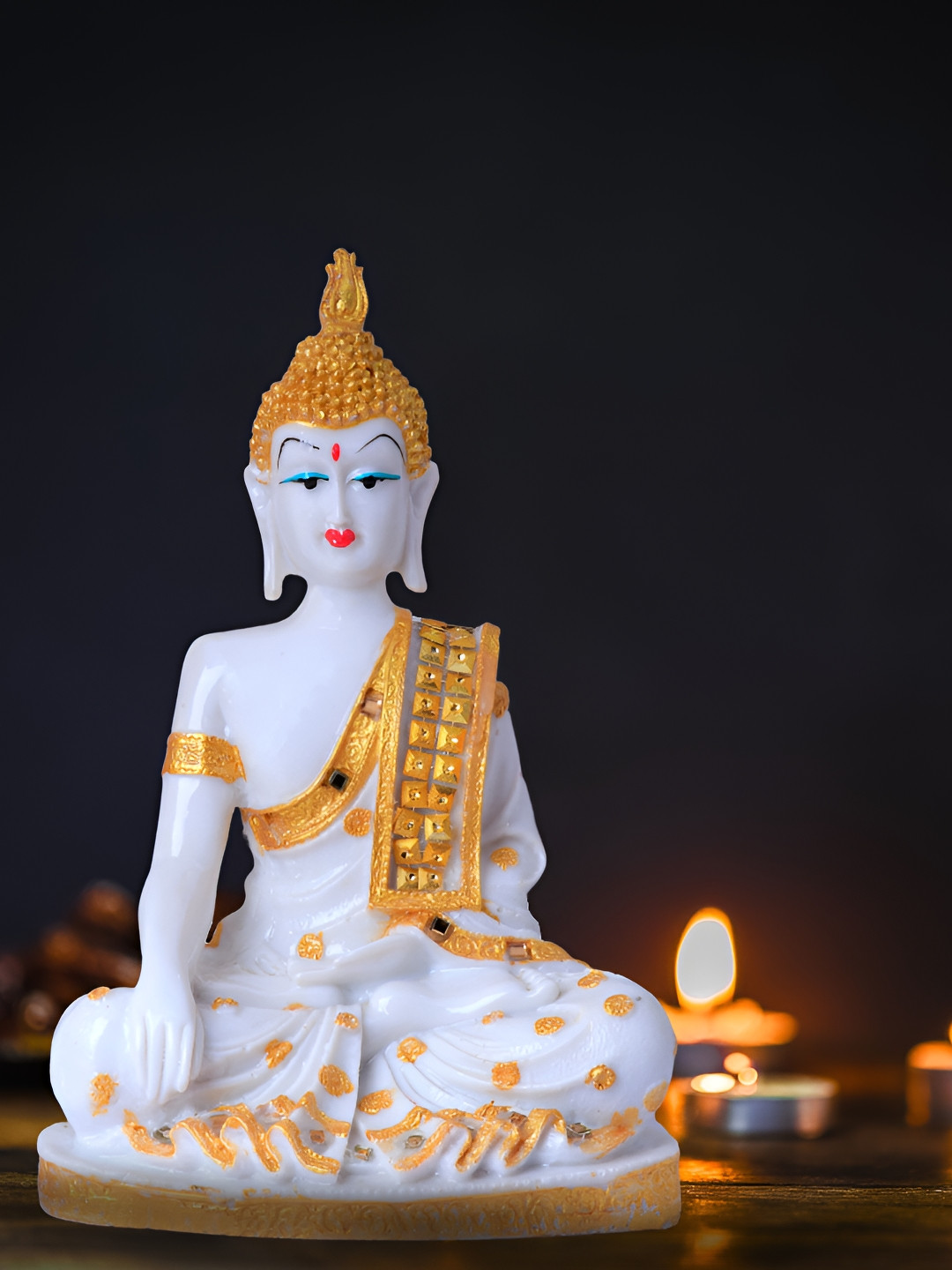 GW CREATIONS Hand Down Buddha White Marble Matte Living Room Large Showpiece - 11 Inches