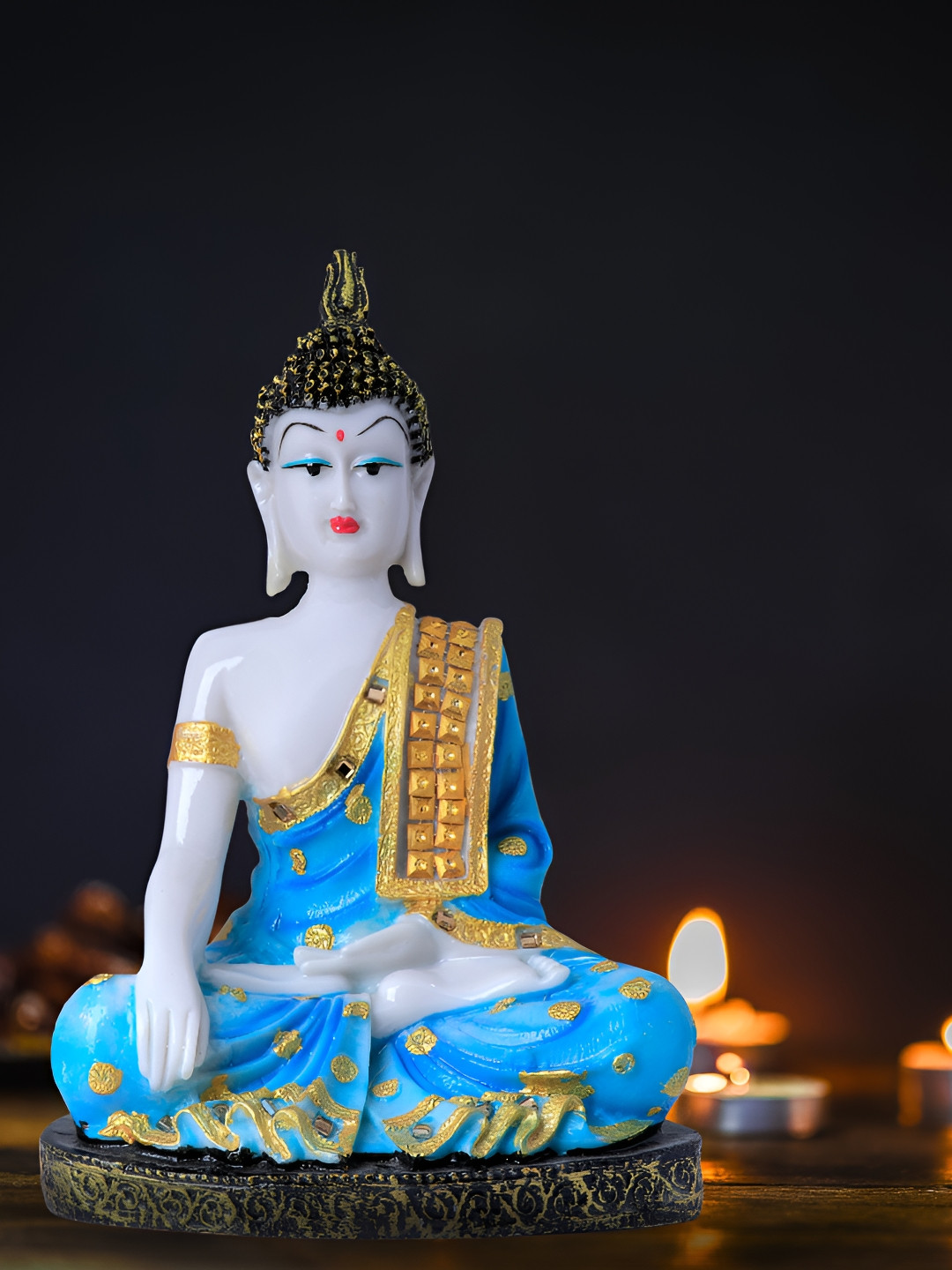 GW CREATIONS Lord Hand Down Buddha in Meditating Position Blue Marble Glossy Living Room Large Showpiece - 11 Inches