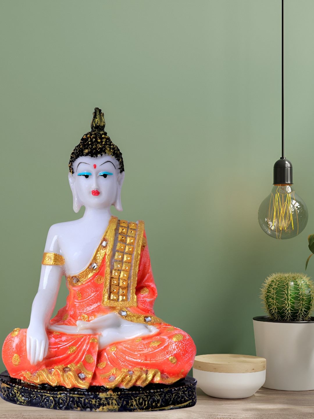 GW CREATIONS Lord Hand Down Buddha in Meditating Position Orange Polyresin Natural Home Office Large Showpiece - 6.3 Inches