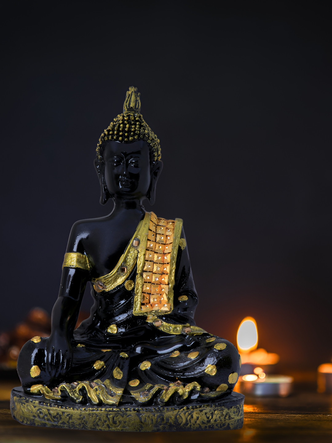 GW CREATIONS Beautiful Lord Hand Down Buddha in Meditating Black Polyresin Glossy Living Room Large Showpiece - 11 Inches