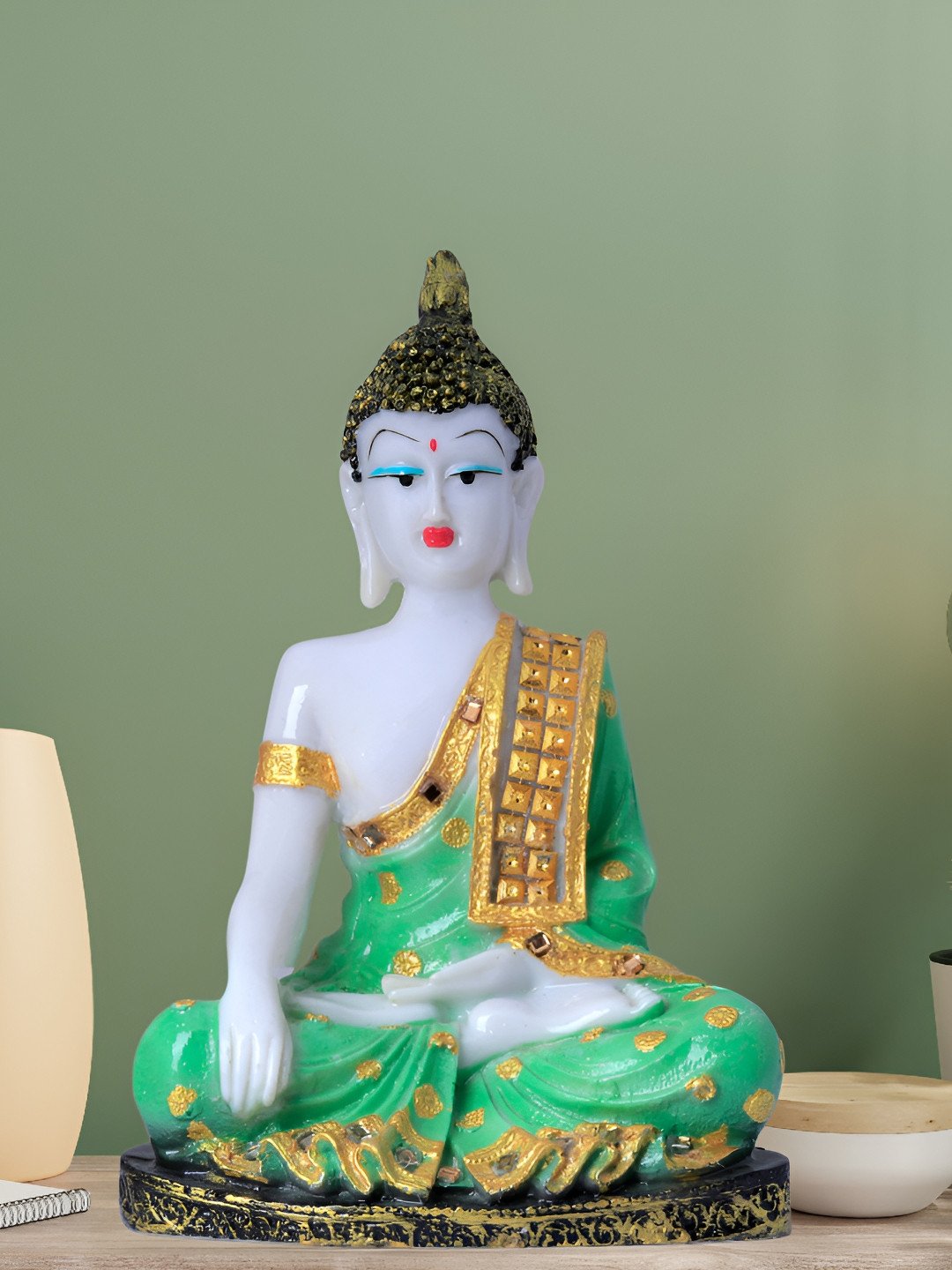 GW CREATIONS Lord Hand Down Buddha in Meditating Position Green Polyresin Glossy Living Room Large Showpiece - 4.7 Inches