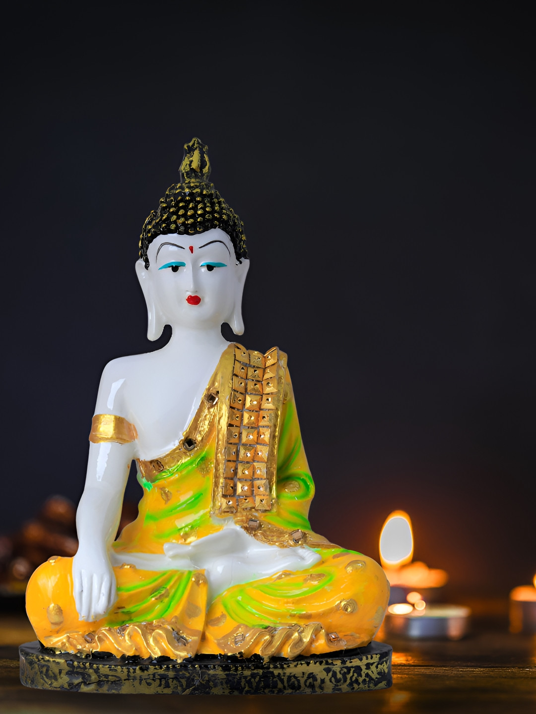 GW CREATIONS Beautiful Lord Hand Down Buddha in Meditating Position White Marble Glossy Prayer Room Large Showpiece - 6.3 Inches