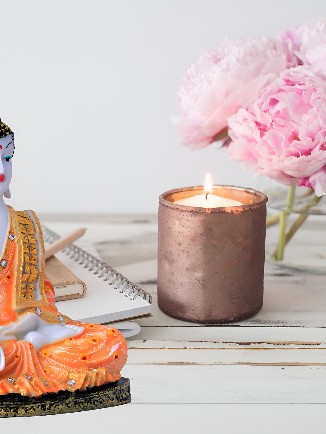 GW CREATIONS Lord Hand Down Buddha in Meditating Position Orange Polyresin Natural Living Room Large Showpiece - 11 Inches