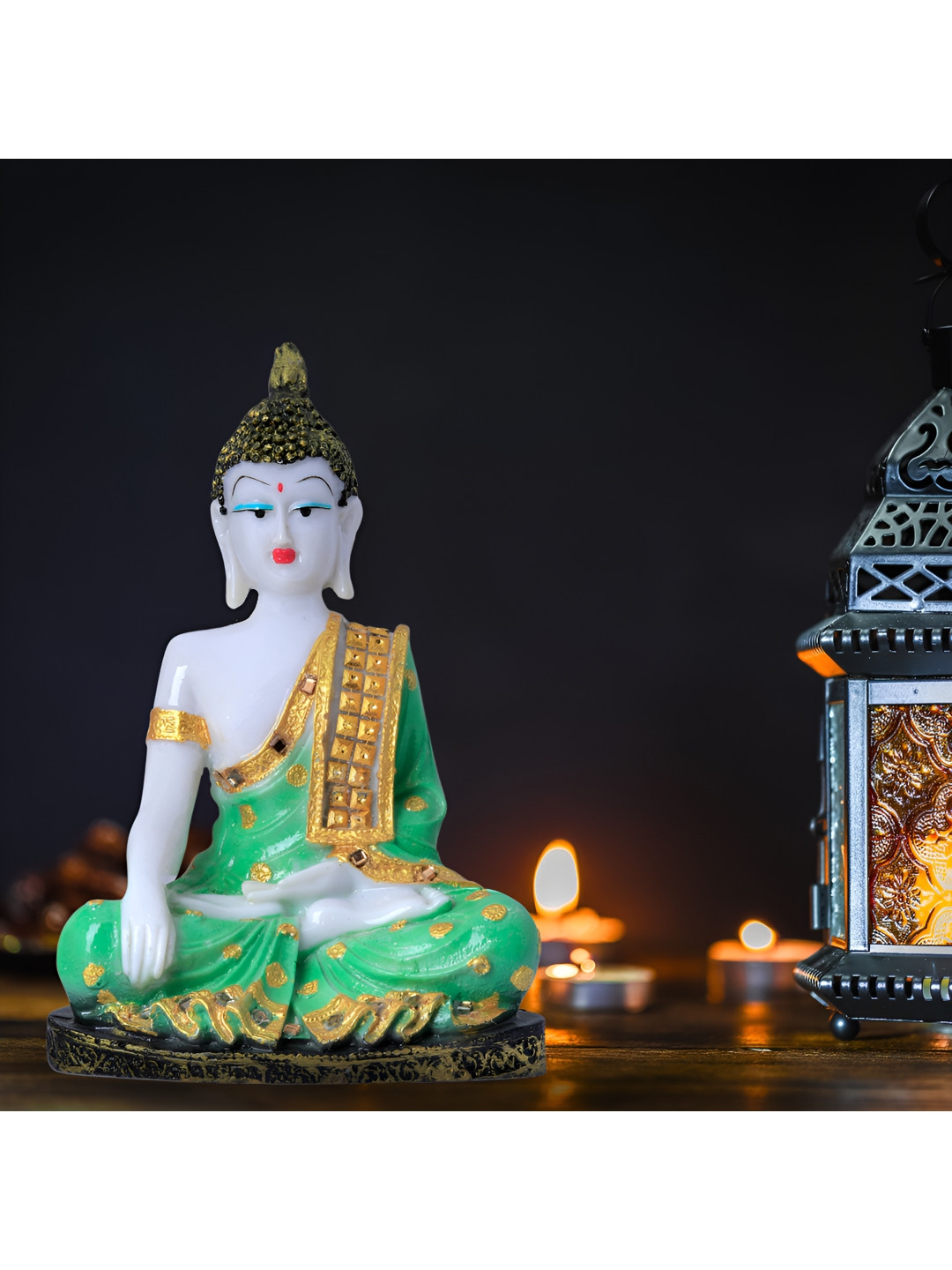 GW CREATIONS Lord Hand Down Buddha in Meditating Position Green Polyresin Glossy Living Room Large Showpiece - 11 Inches