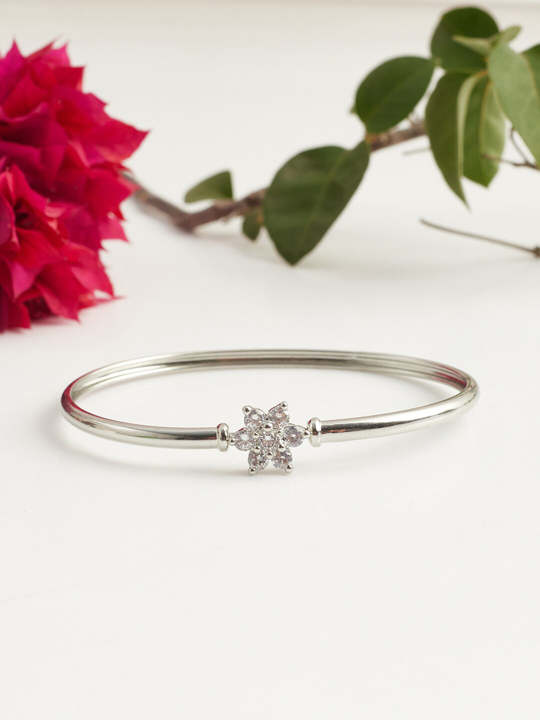 Voylla Rhodium-Plated Cubic Zirconia Bangle-Style Bracelet