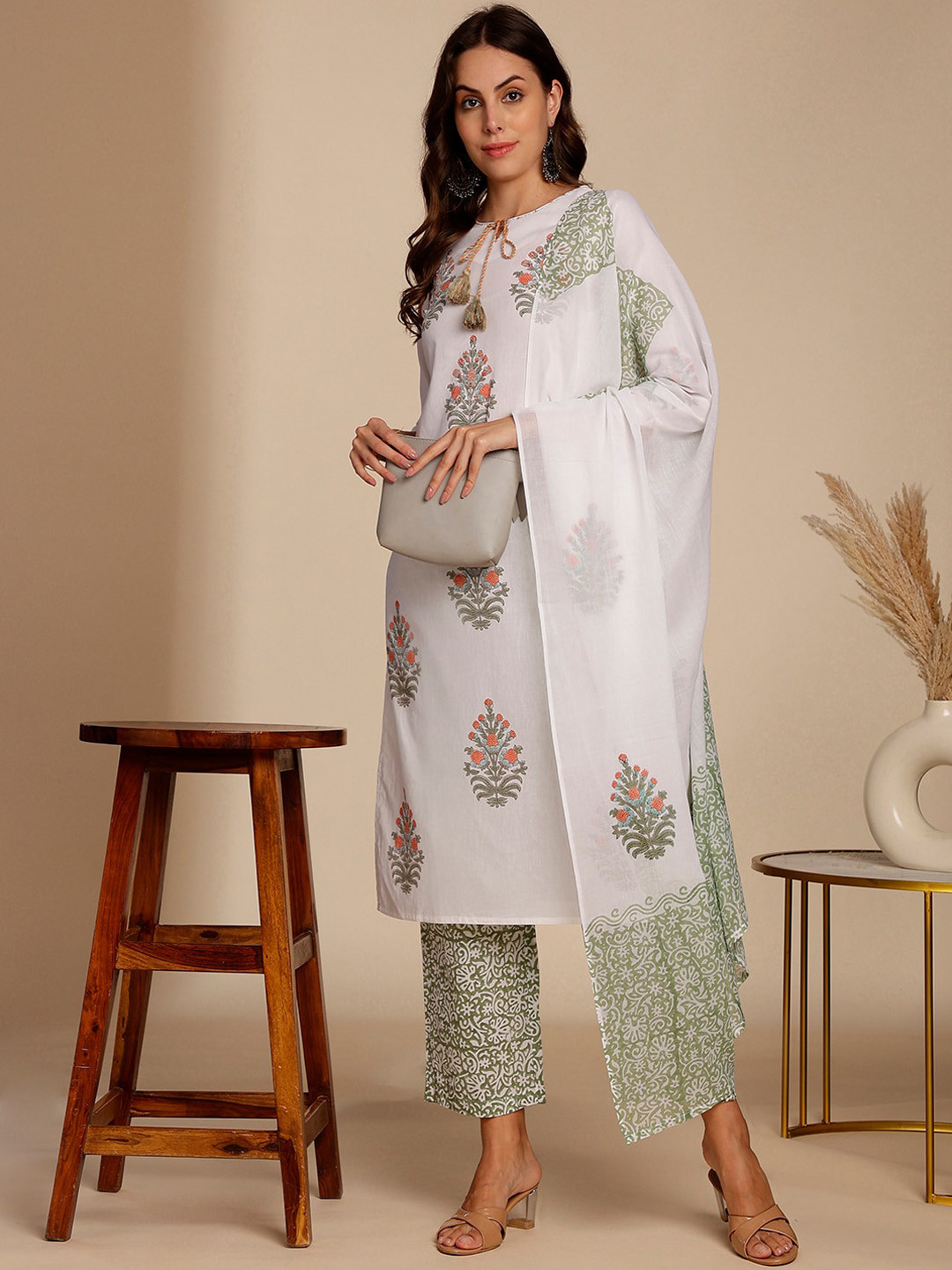Anouk White Floral Printed Tie-Up Neck Pure Cotton Kurta with Trousers & Dupatta