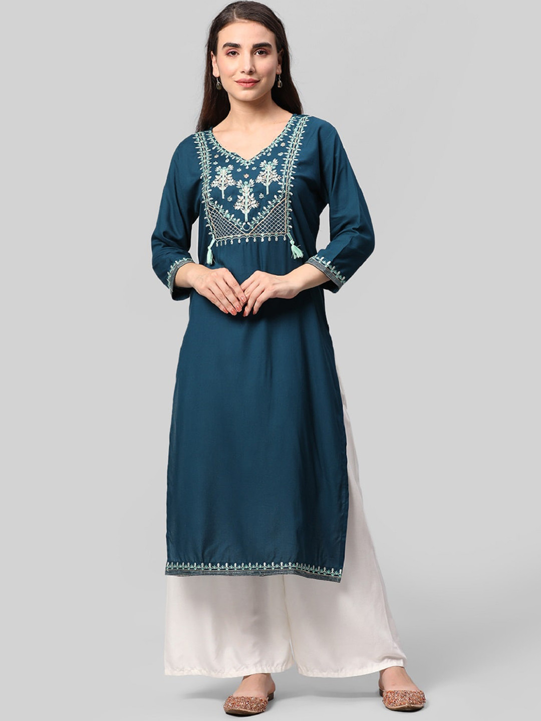 Aaysa Kurti Embroidered Thread Work Flared Angrakha Kurta For Women