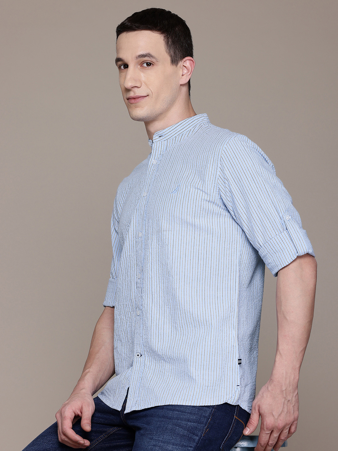 Nautica Pure Cotton Seersucker Slim Fit Striped Casual Shirt