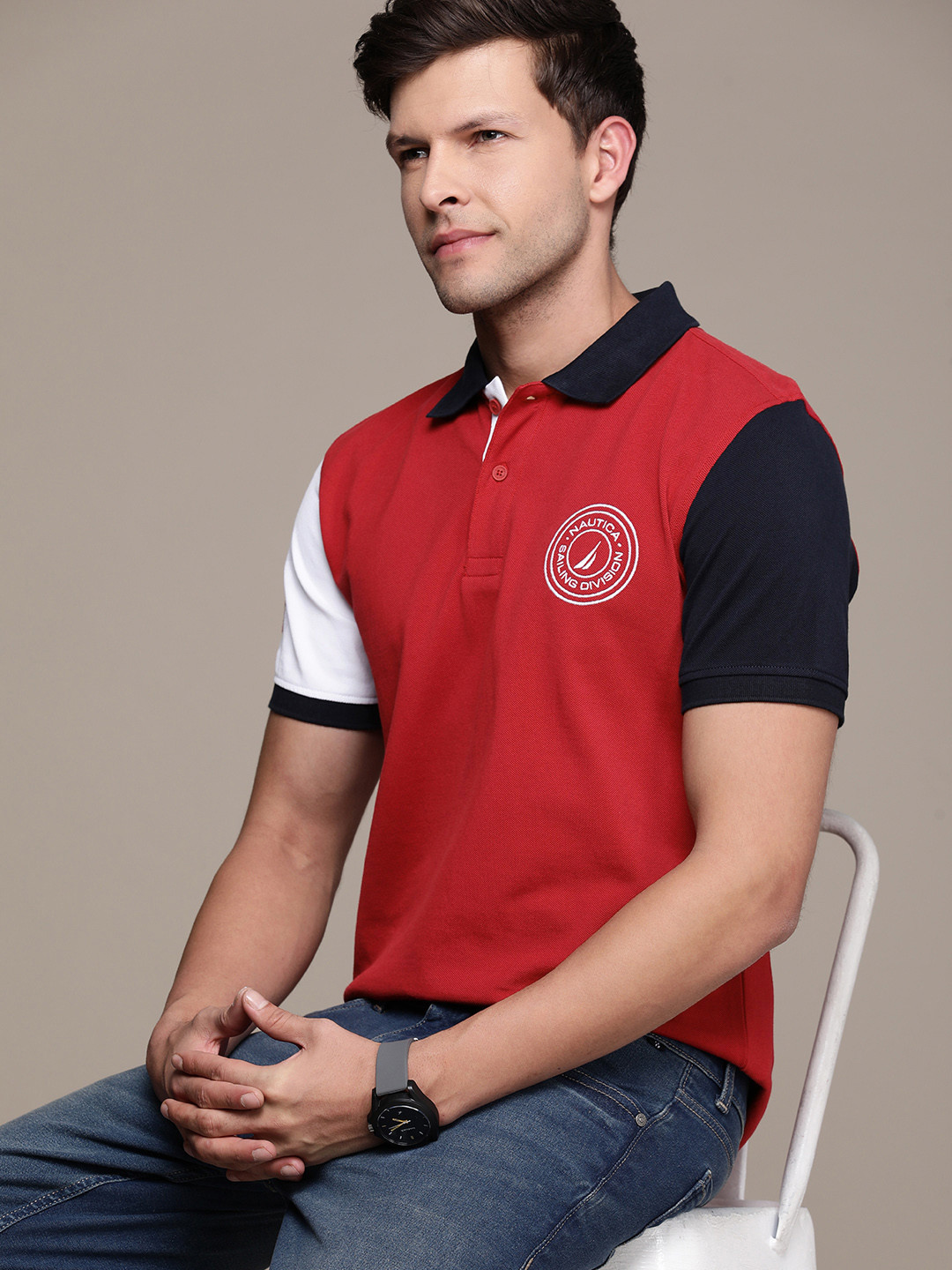 Nautica Colourblocked Polo Collar Pure Cotton T-shirt