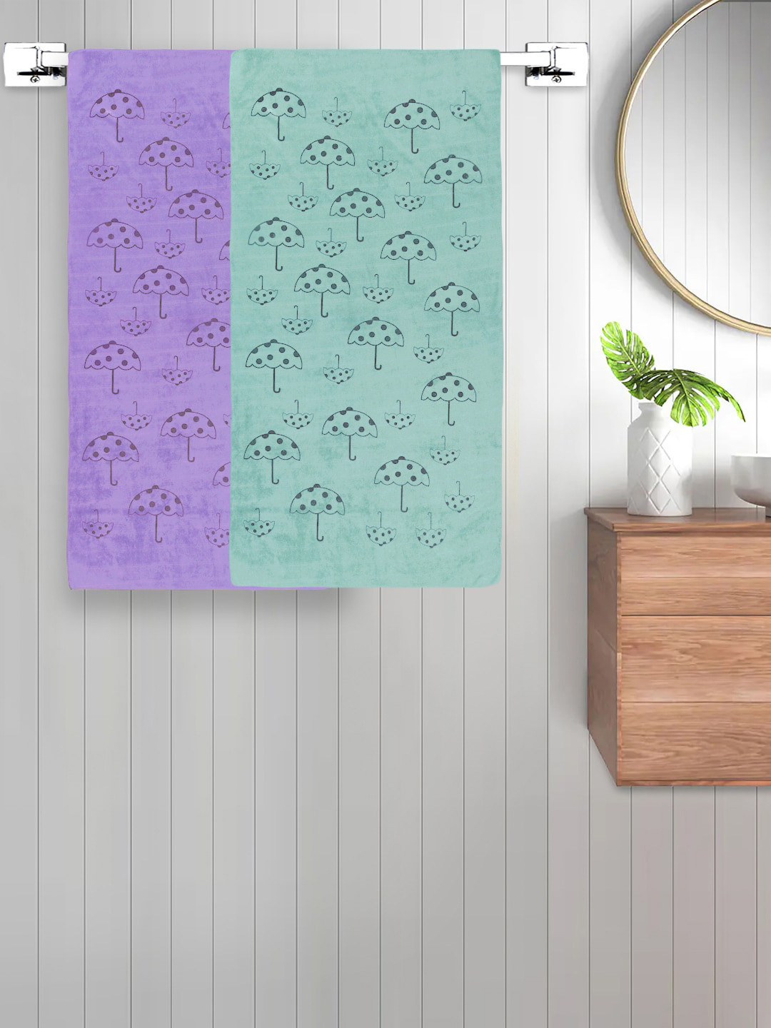 FABINALIV Set of 2 Purple & Green Abstract Printed 420 GSM Cotton Bath Towels