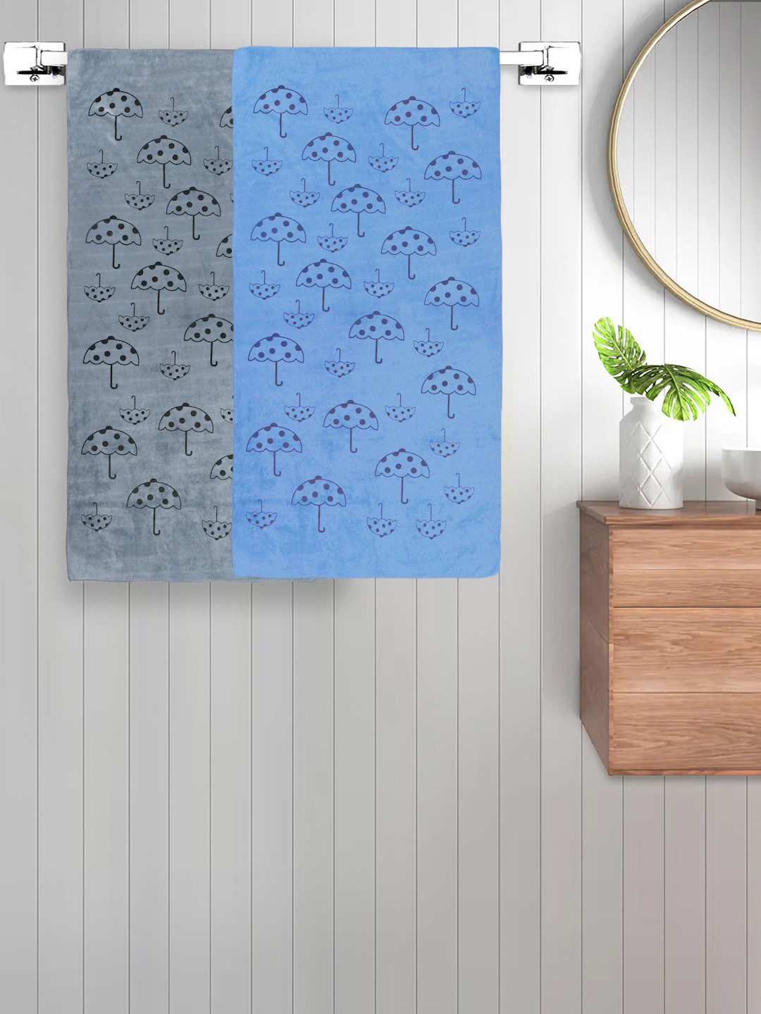 FABINALIV Set of 2 Blue & Grey Abstract Printed 420 GSM Cotton Bath Towels