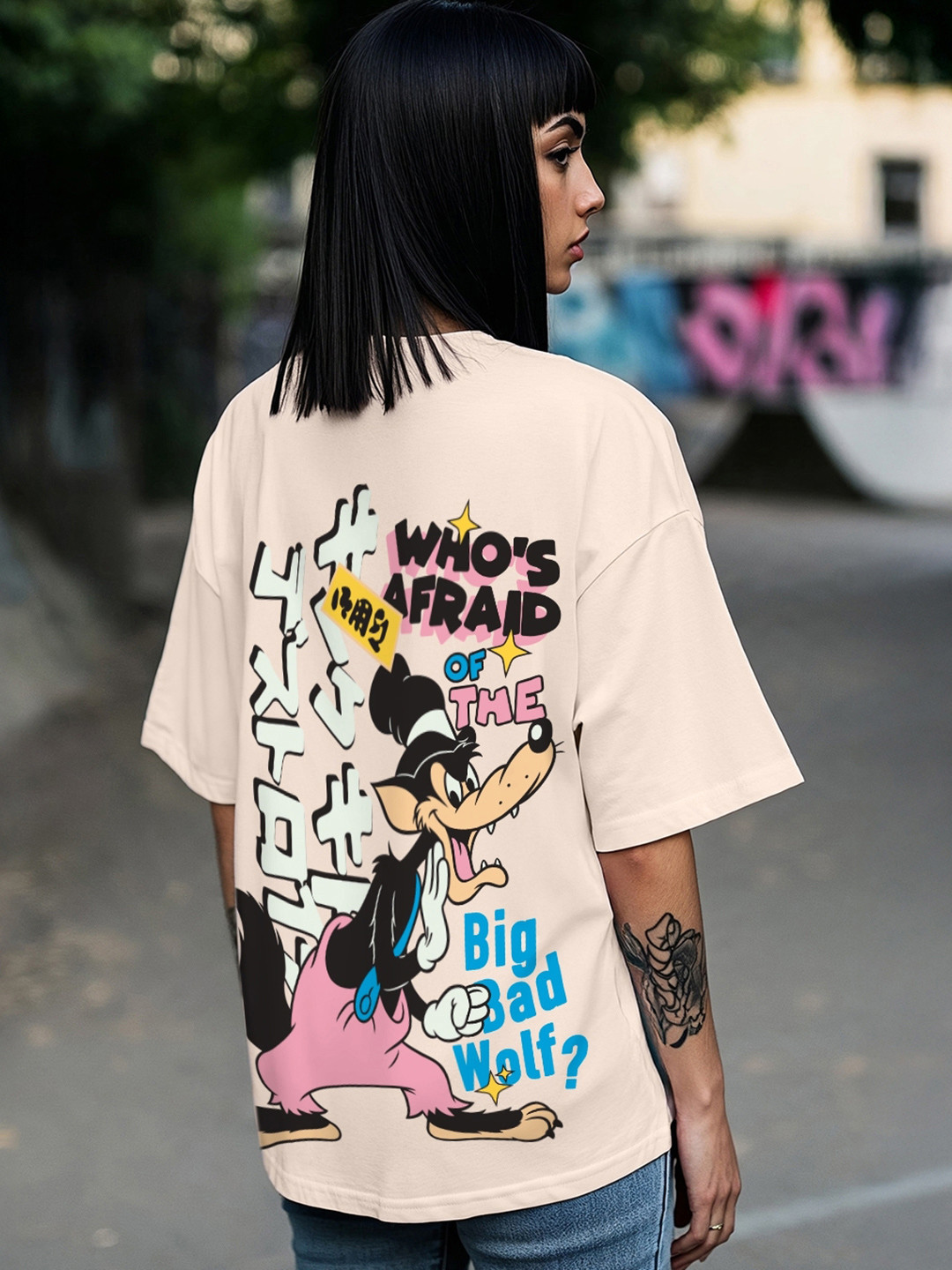 Bewakoof Pink Big Bad Wolf Graphic Printed Oversized Drop Shoulder Pure Cotton T-shirt