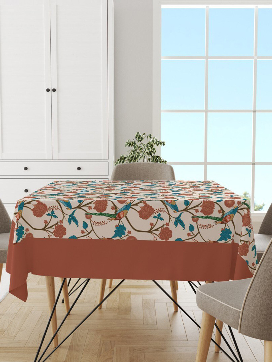 Astitva Cream & Brown 1 Piece 6 Seaters  Floral Printed Cotton Dining Table Covers