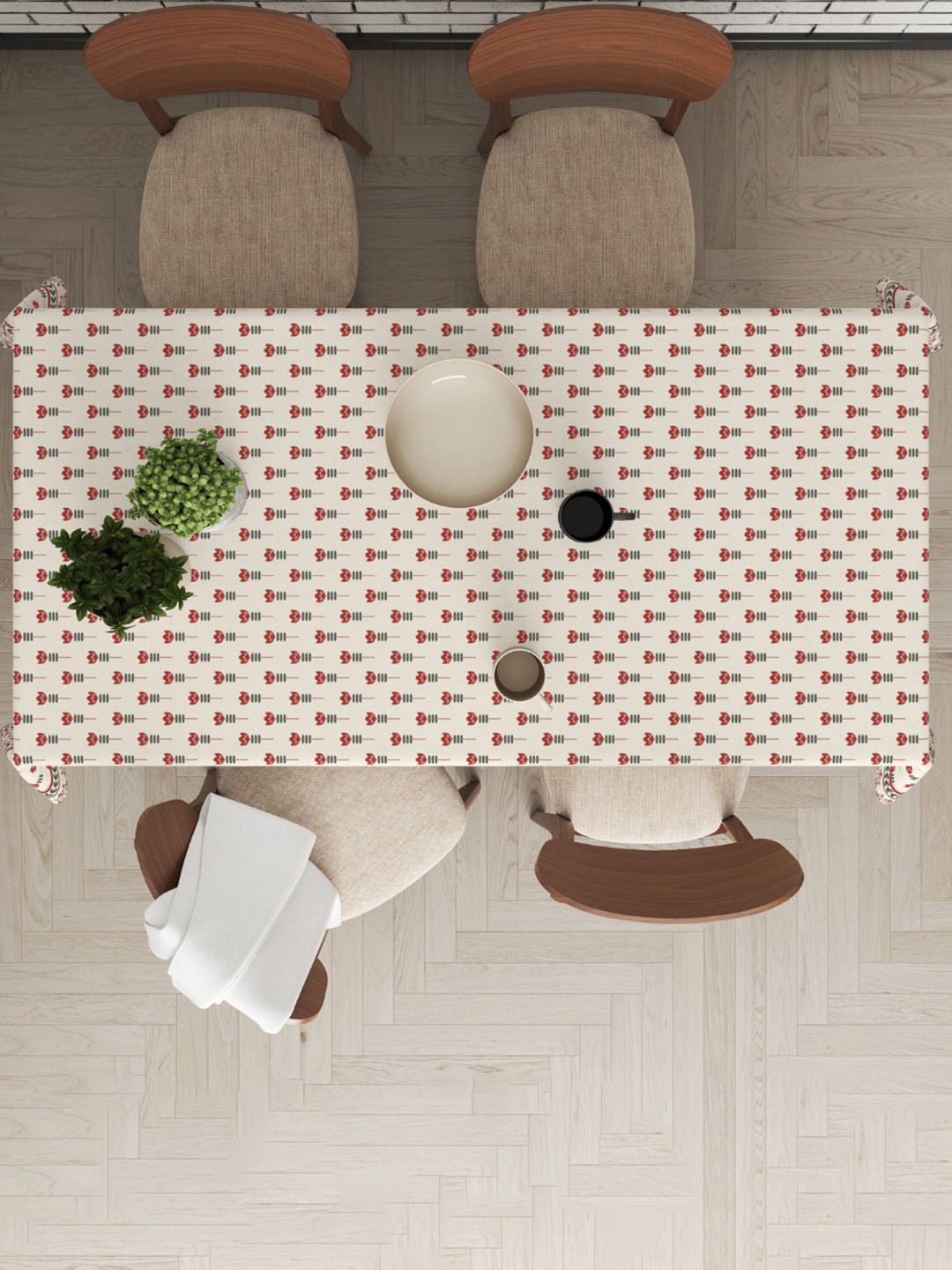 Astitva Cream & Red Floral Printed Cotton 6 Seater Table Cover