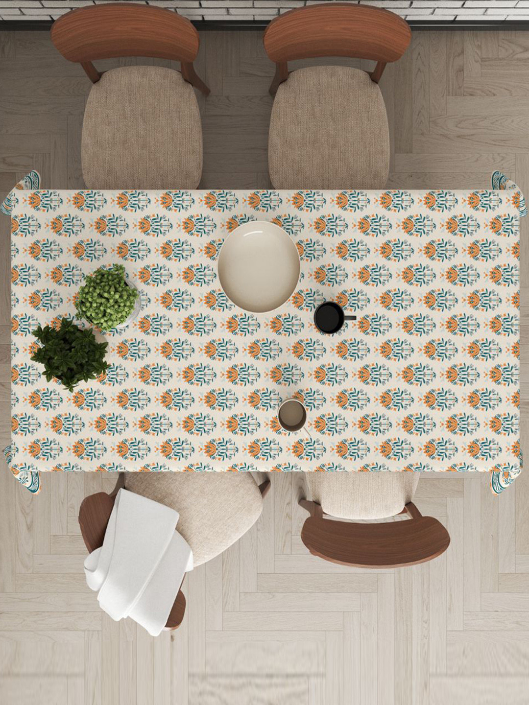 Astitva Cream & Green 1 Piece 6 Seaters Floral Printed Cotton Dining Table Covers