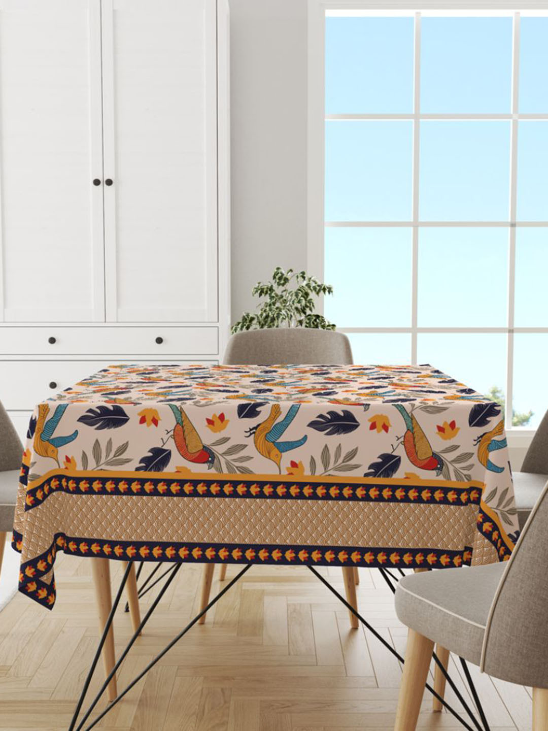 Astitva Cream & Blue Leaf and Bird Print Rectangular Cotton Dining Table Cover