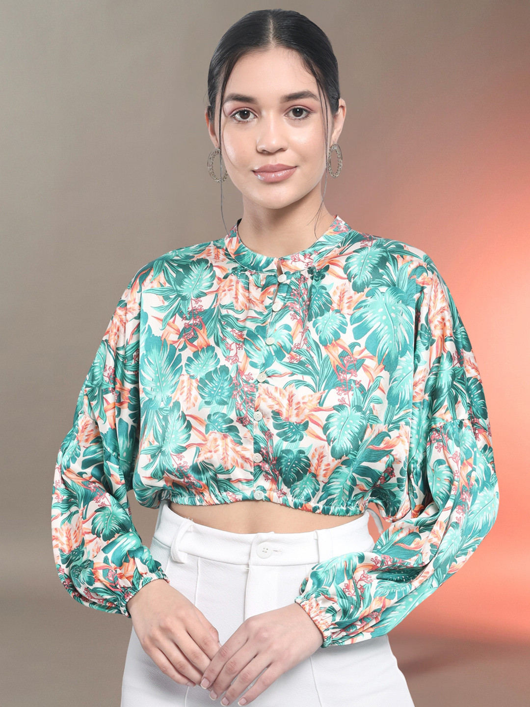 Trend Arrest Tropical Printed Puff Sleeve Shirt Style Crop Top