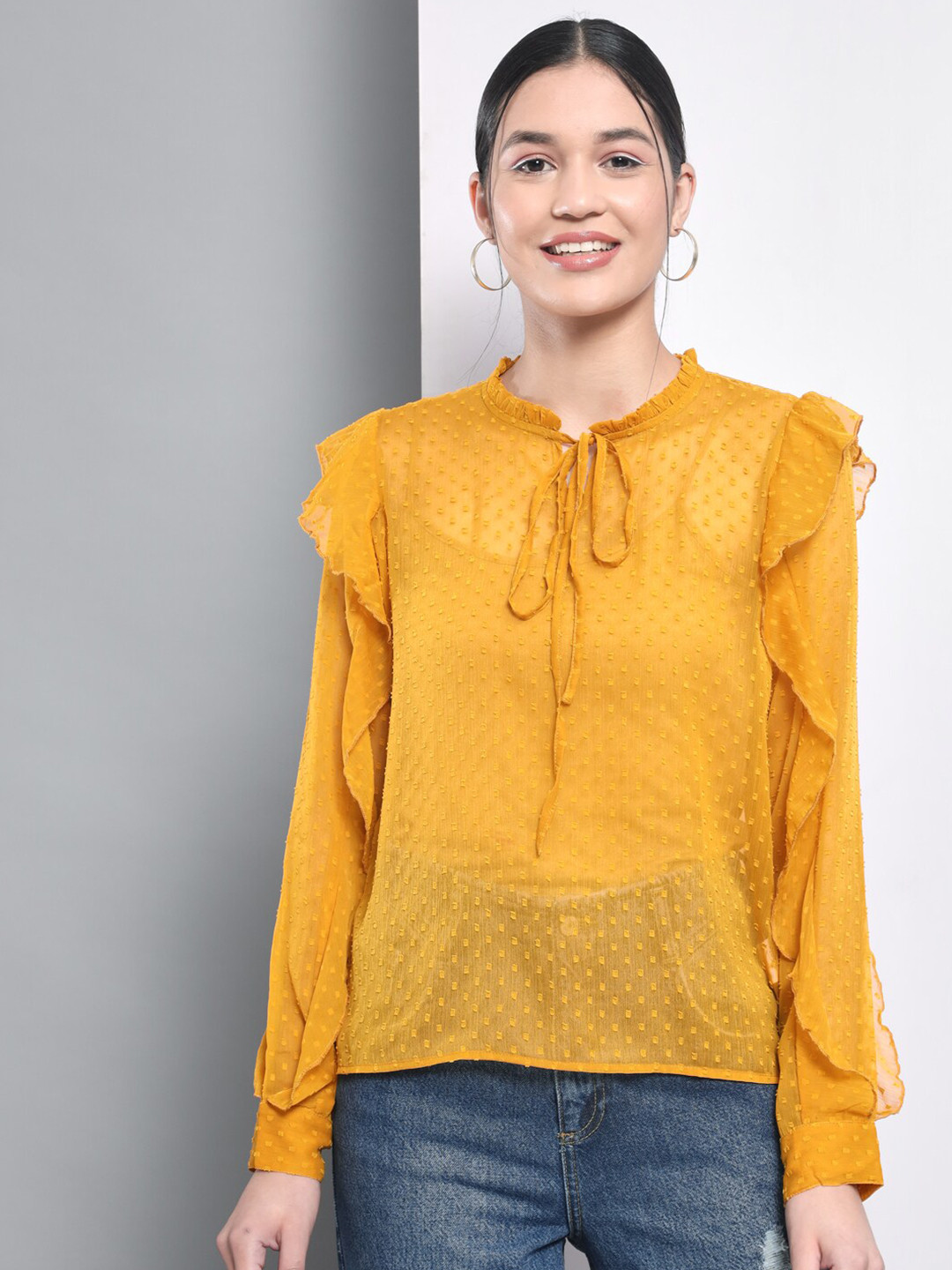 Yellow Self Design Tie-Up Neck Ruffles Casual Top