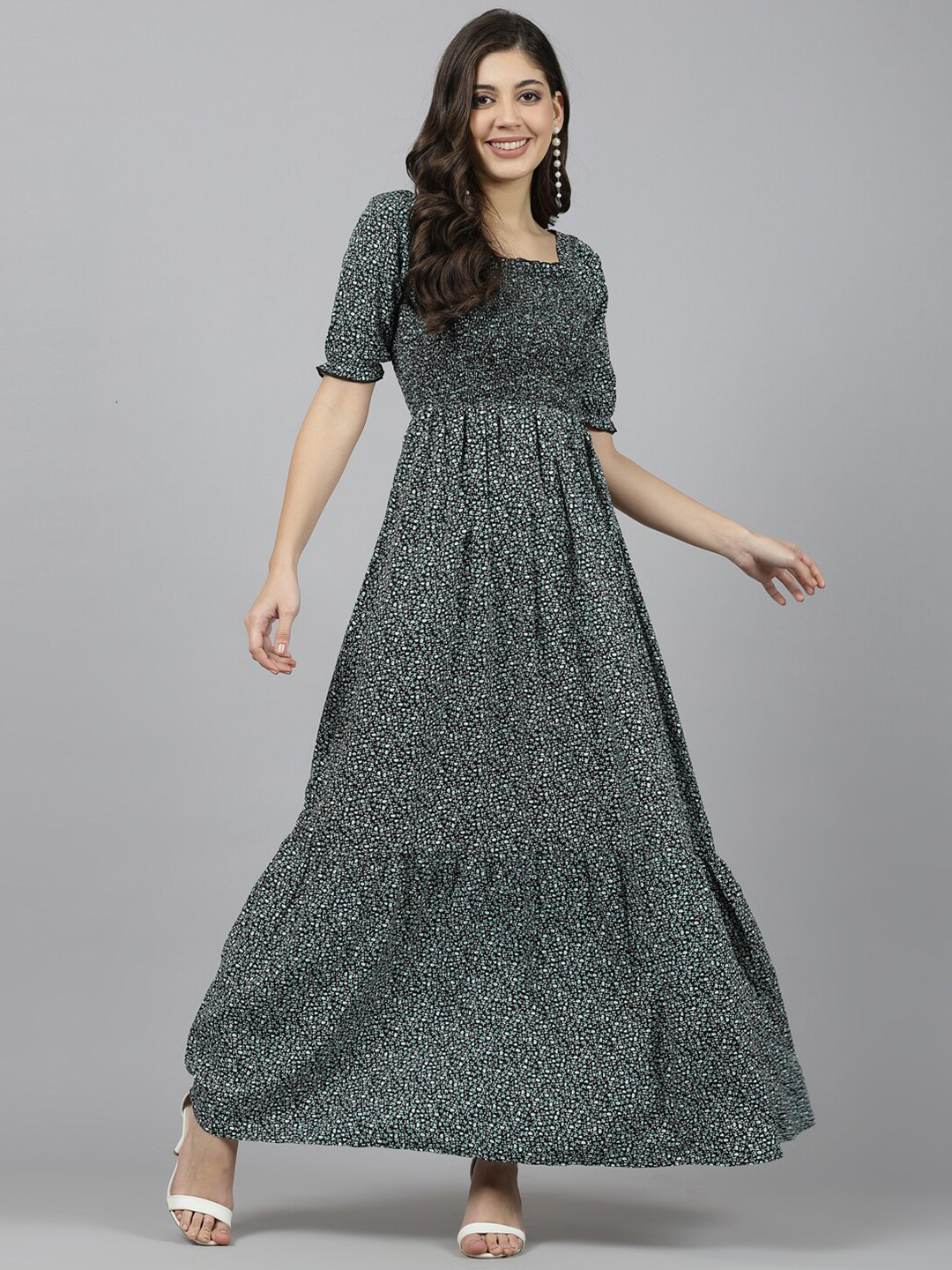 aayu Green Floral Print Puff Sleeve Maxi Dress