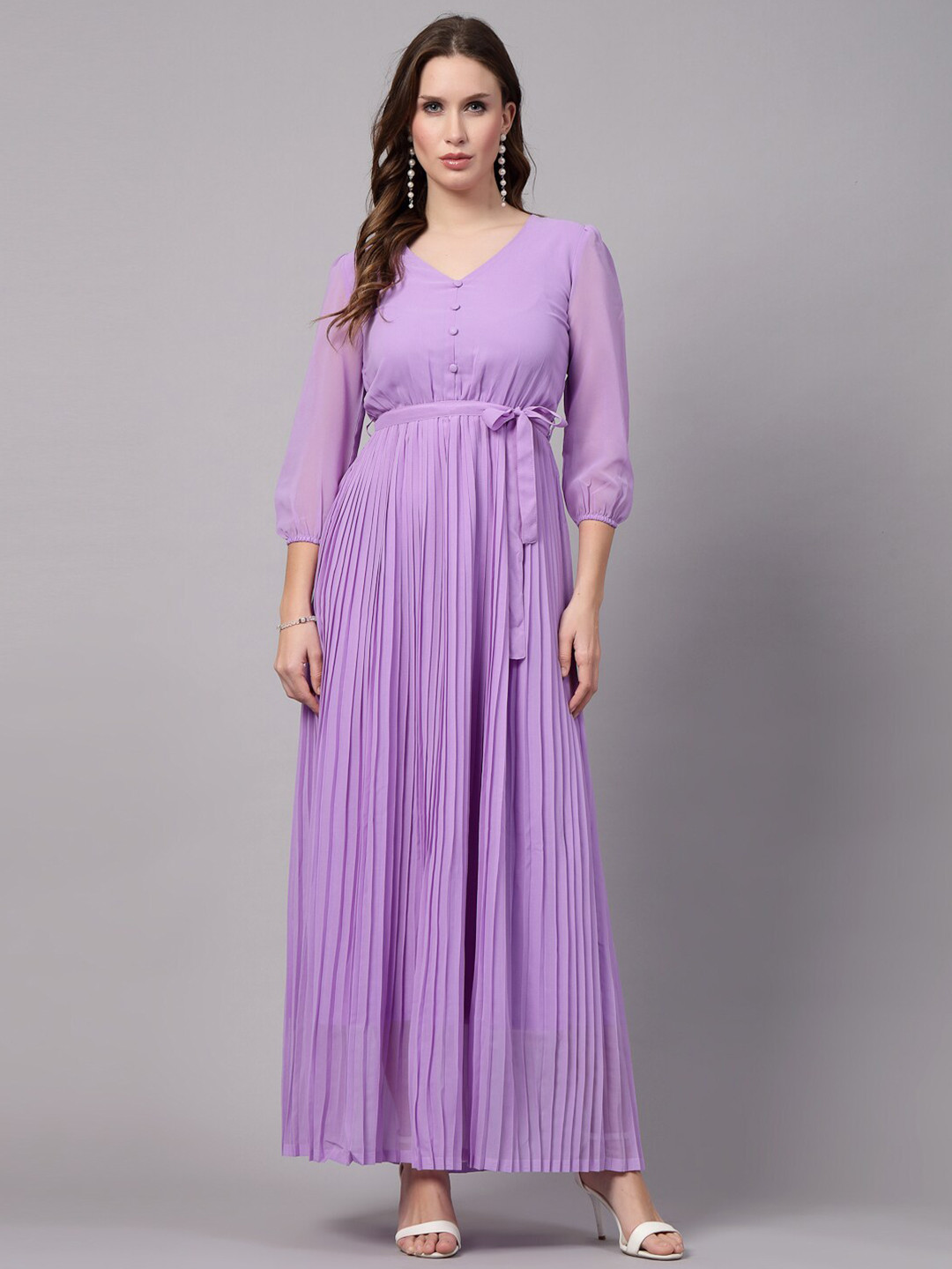 aayu Lavender Puff Sleeve Georgette Fit & Flare Maxi Dress