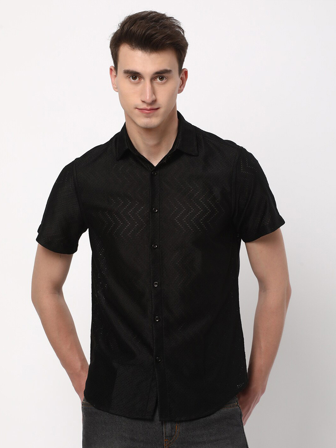 R&B Chevron Self Design Casual Shirt