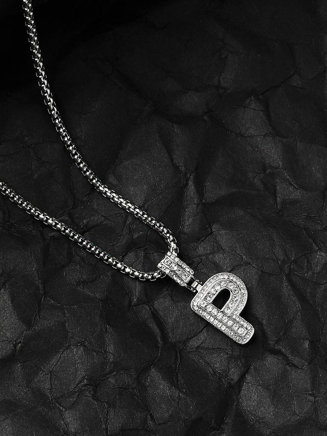 French Accent Silver-Plated P Alphabet-Shaped Stones-Studded Pendant With Chain