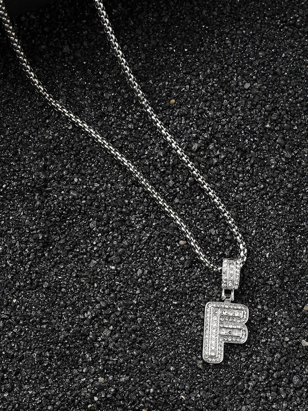 French Accent Silver-Plated F Alphabet-Shaped Stones-Studded Pendant With Chain