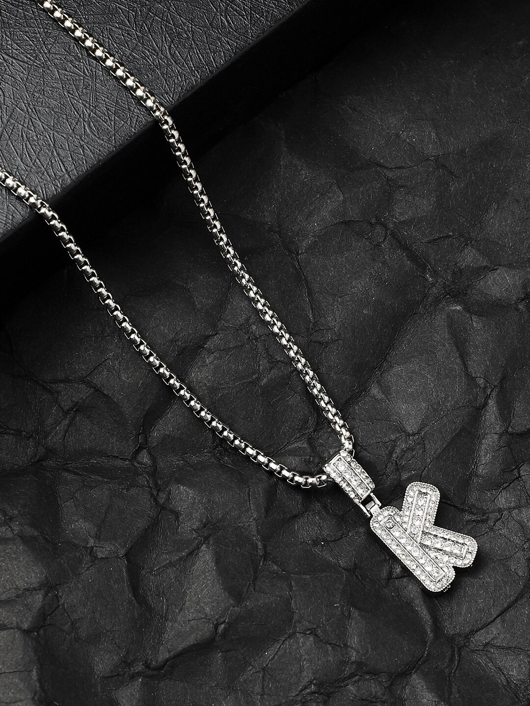French Accent Men Silver-Plated Stone Studded Pendant & Chain