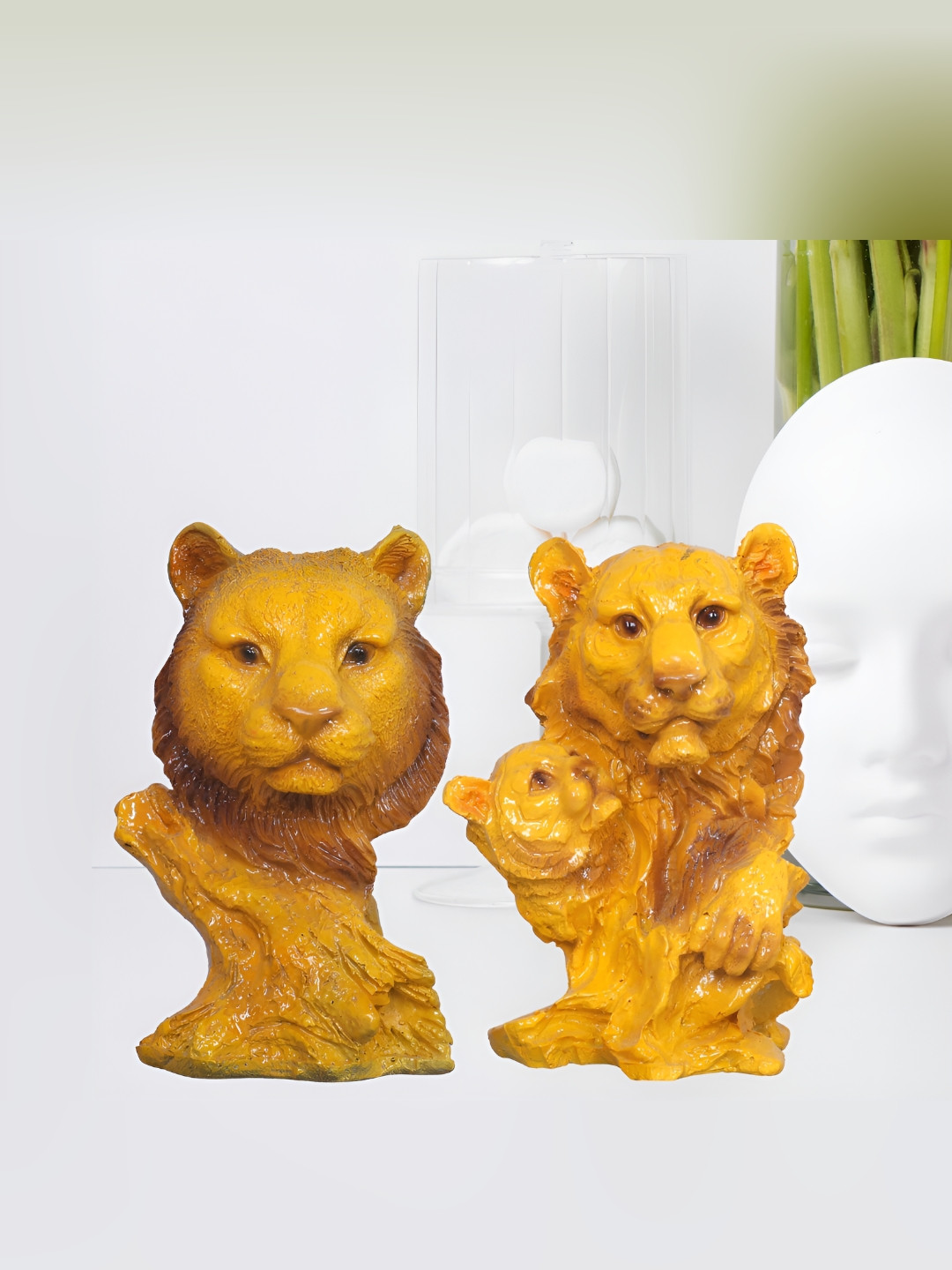 GW CREATIONS Lion Yellow Polyresin Glossy Living Room Hand-Crafted Set of 2 Small Showpieces - 5.9 Inches