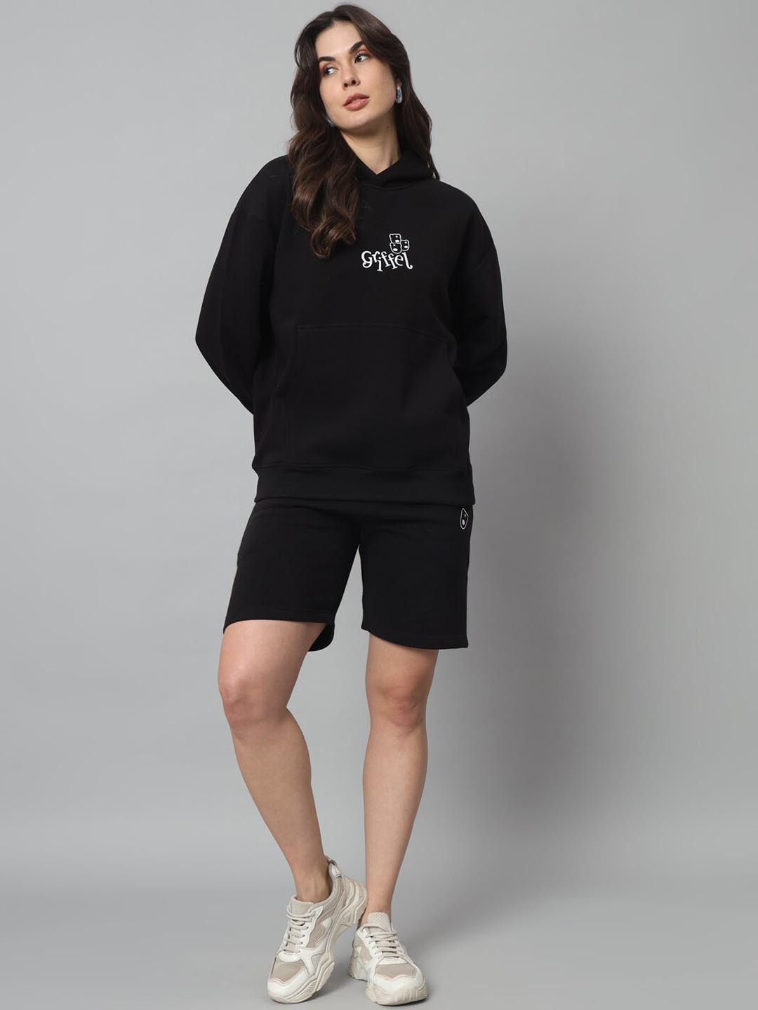 GRIFFEL Printed Hooded Fleece Cotton Sweatshirt With Shorts