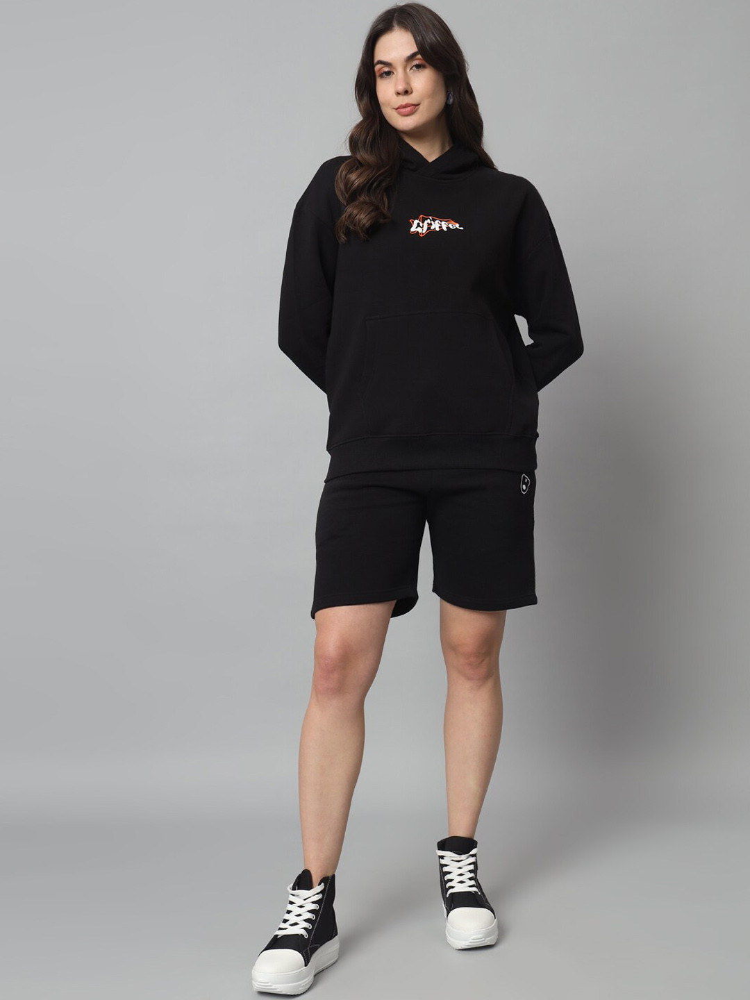 GRIFFEL Printed Hooded Fleece Cotton Sweatshirt With Shorts